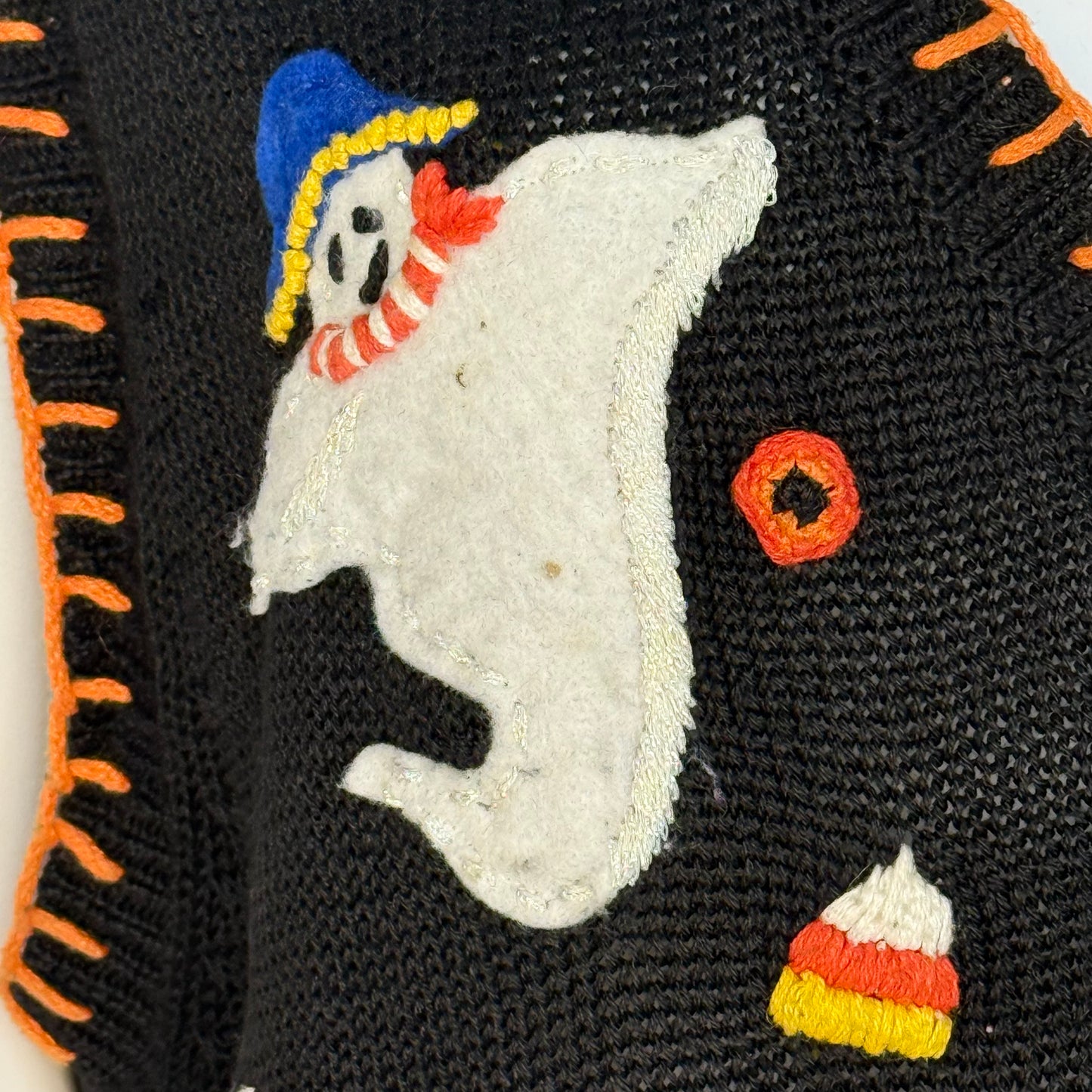 Y2K Halloween Sweater Vest Cardigan, Tiara International Size XL, 2002, Ghosts Applique, Spider Web Embroidery