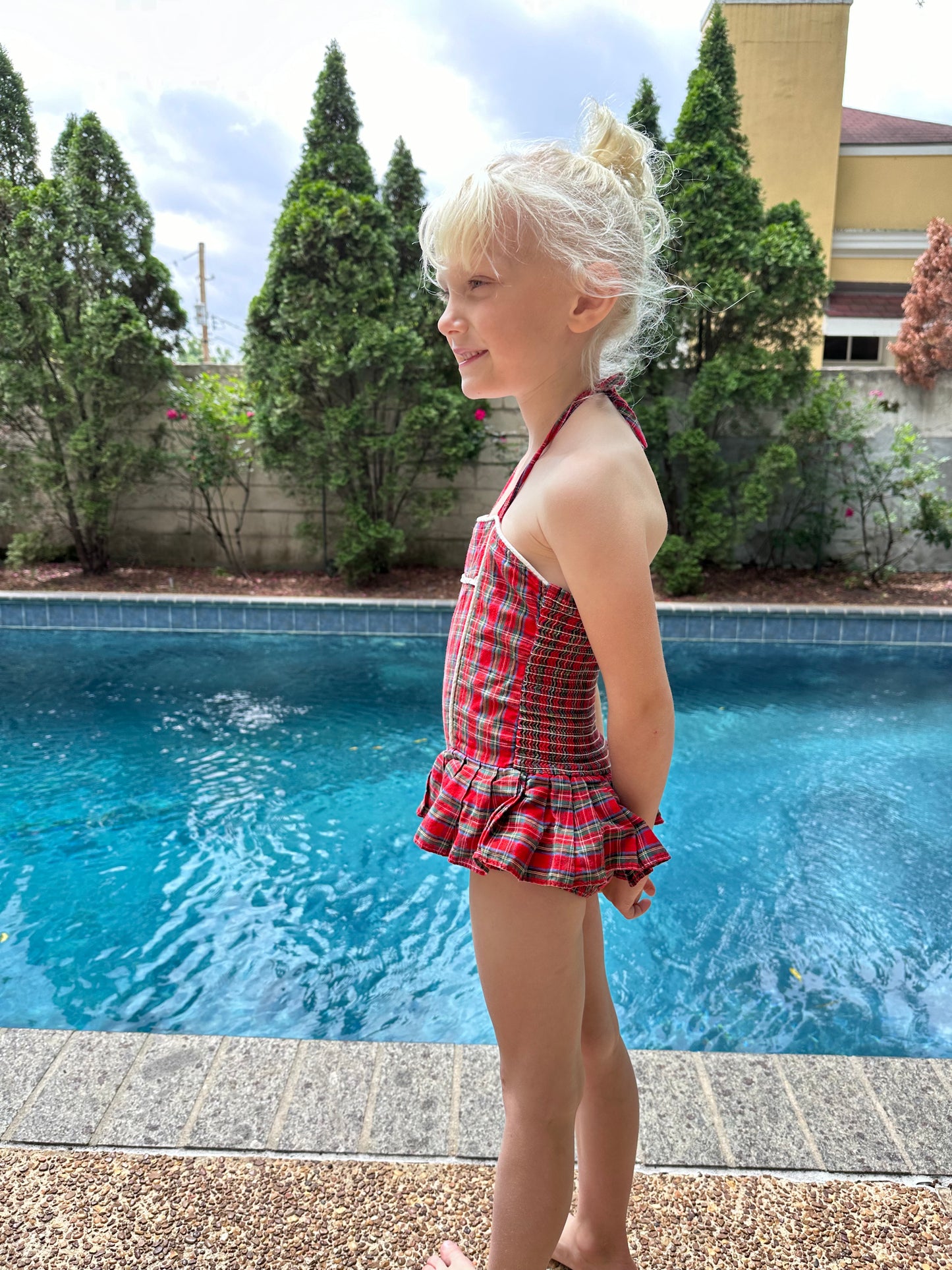 1960s Girls Red Tartan Swimsuit with White Terrycloth Bolero, Sears