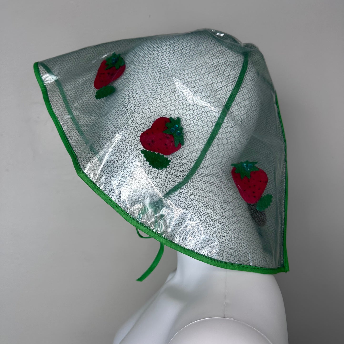 1960s Clear Rain Hat, Felt Strawberries with Sequins