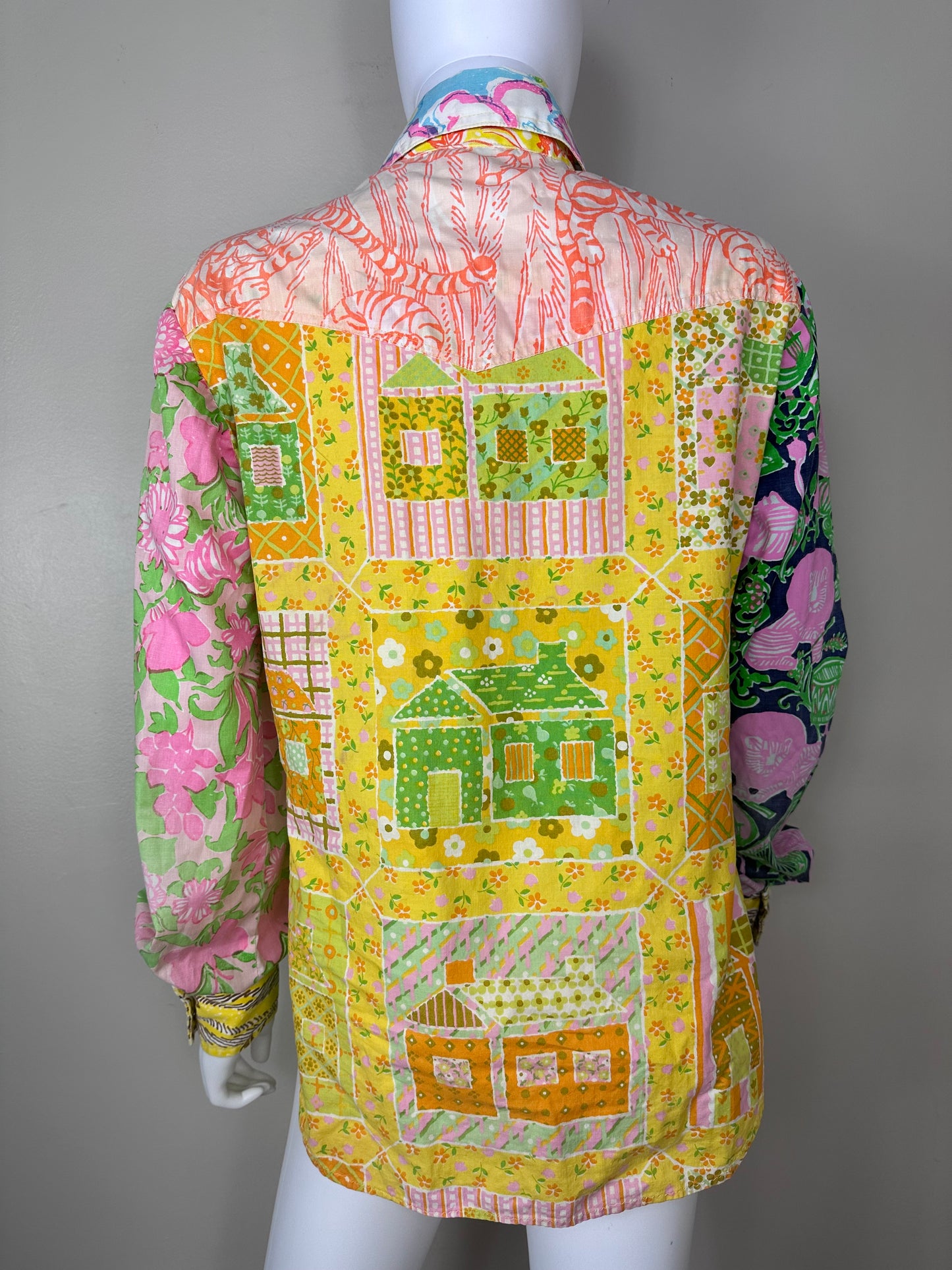 1970s Handmade Mixed Print Western Shirt, Size Medium, Vintage Lilly Pulitzer Fabric
