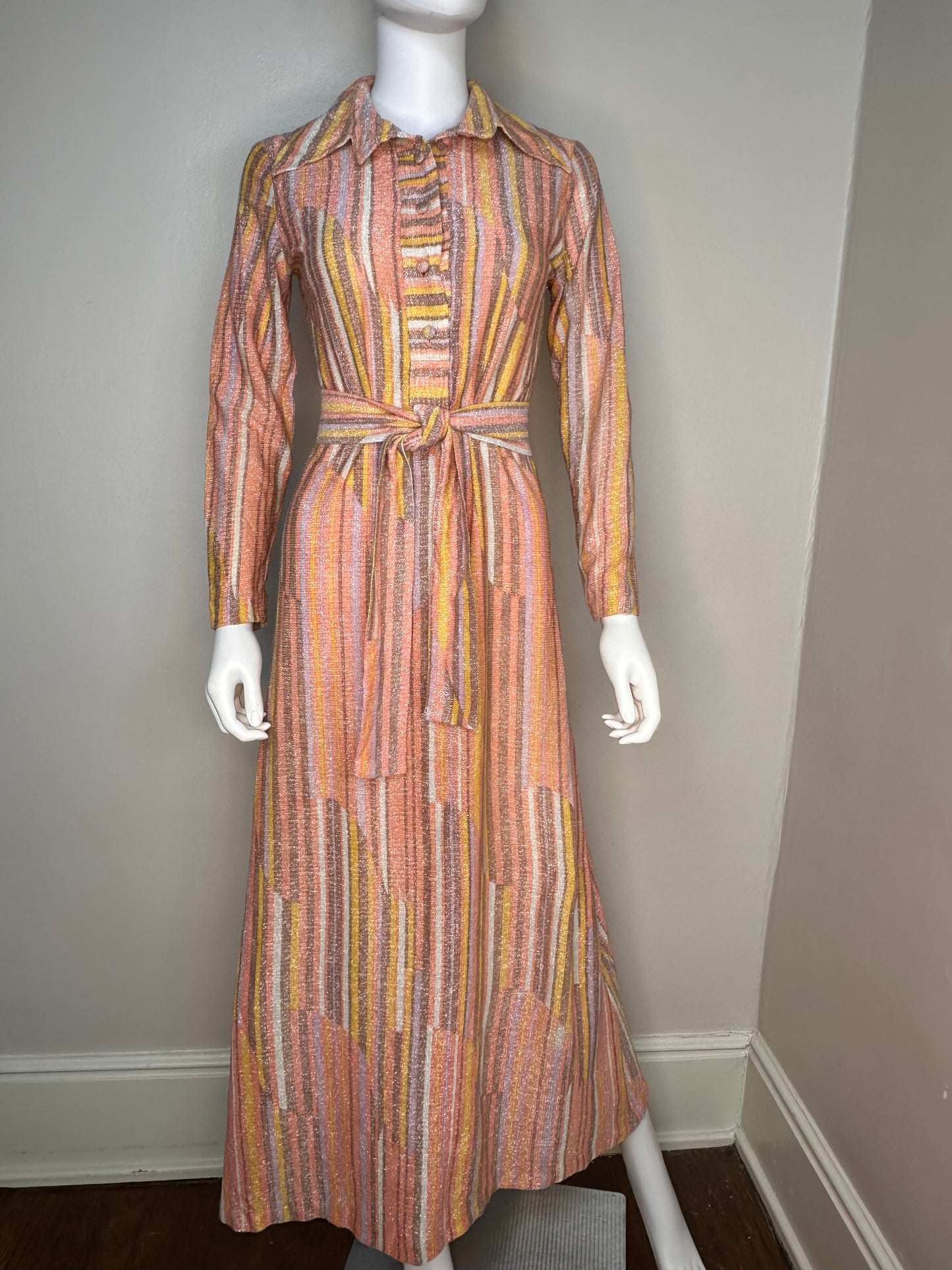 1960s/70s Abstract Pastel Lurex Stripe Maxi Dress, Avalon Classics Size Small