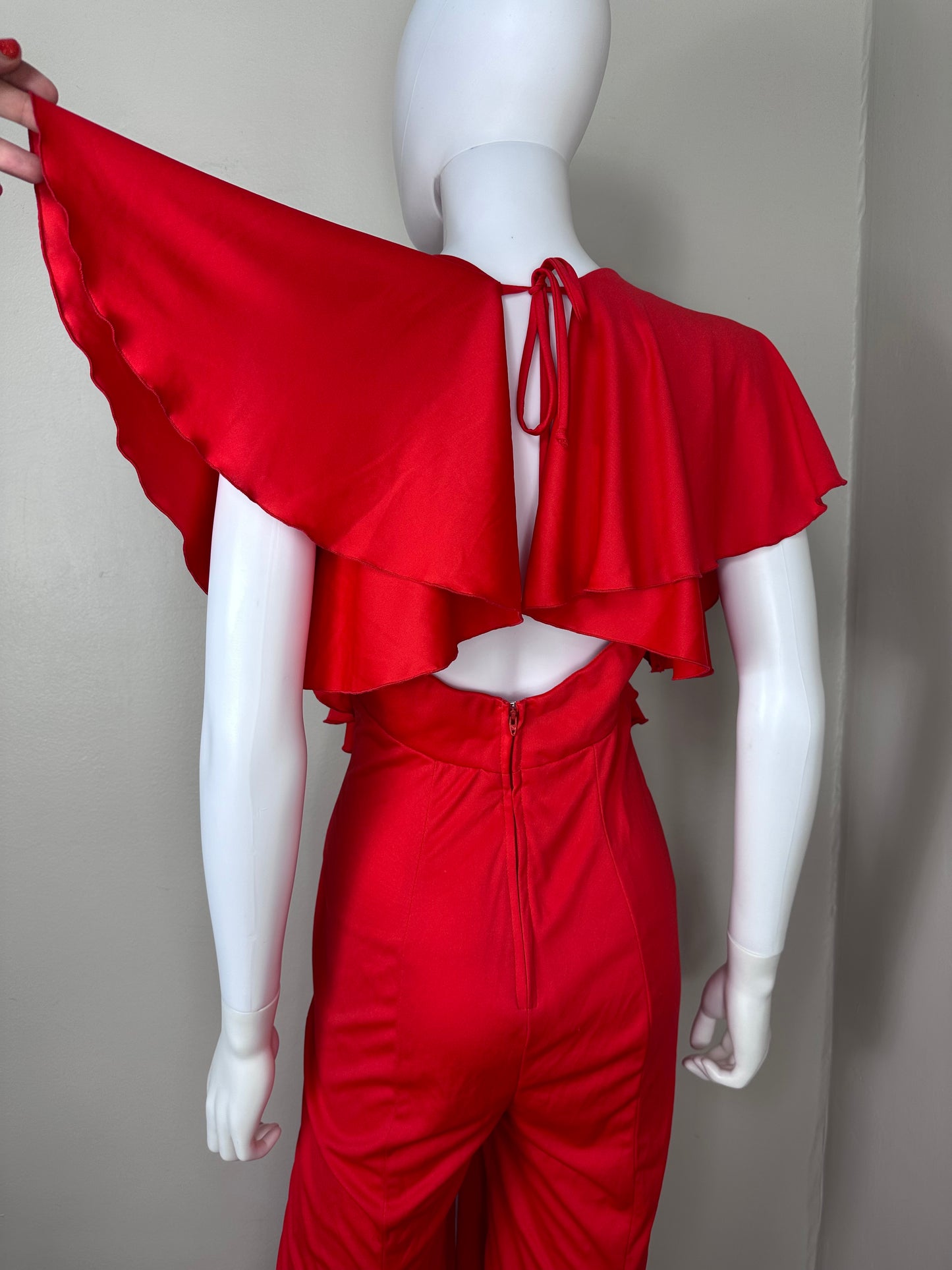 1970s Red Bellbottom Jumpsuit with Ruffles, Jack Hartley Size Small-Medium