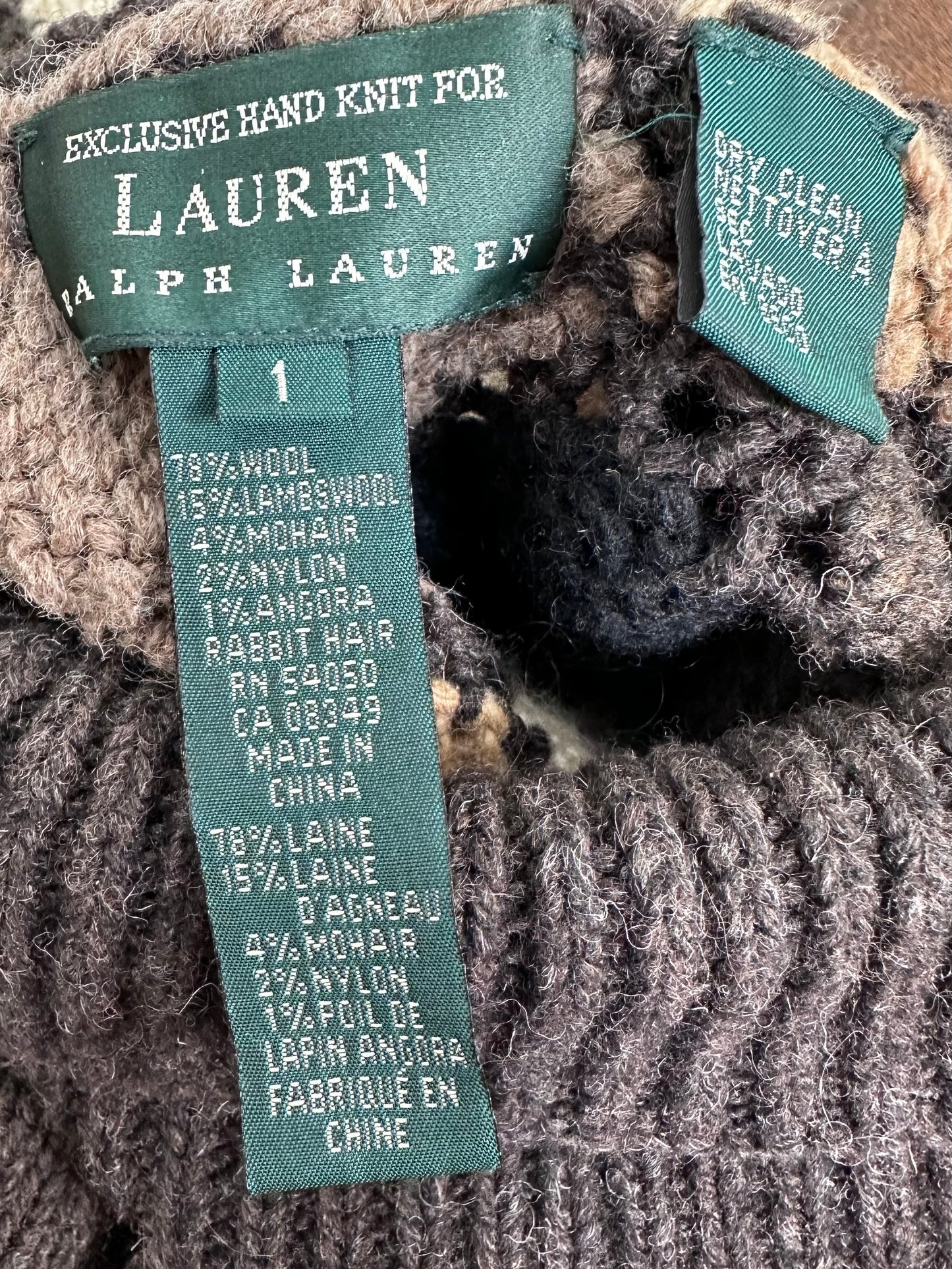 1990s/Y2K Brown Patchwork Hand knitted Poncho, Lauren Ralph Lauren