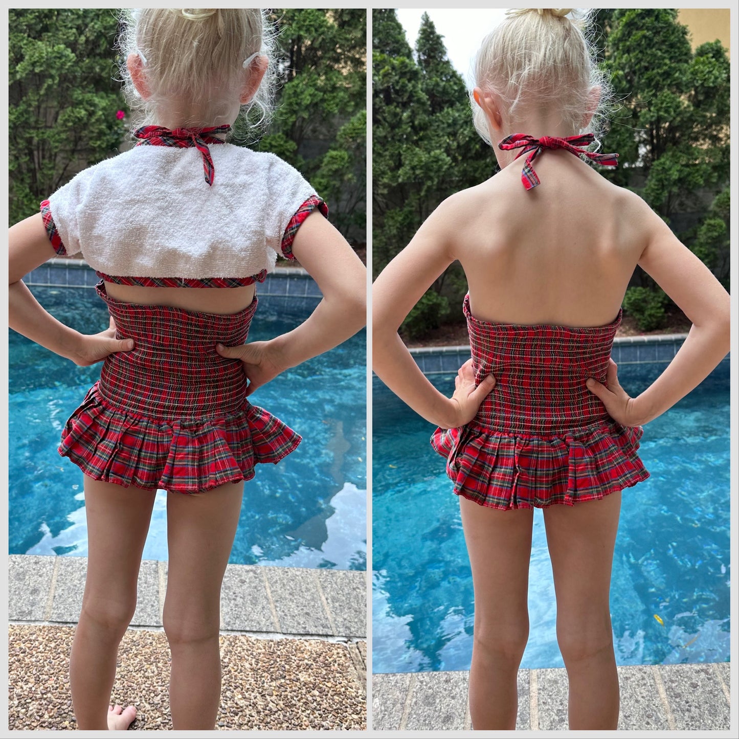 1960s Girls Red Tartan Swimsuit with White Terrycloth Bolero, Sears