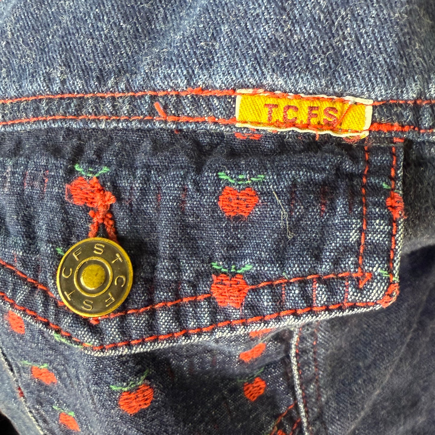 1990s Denim Jacket with Apples, T.C.F.S. Size Medium, Teacher Style