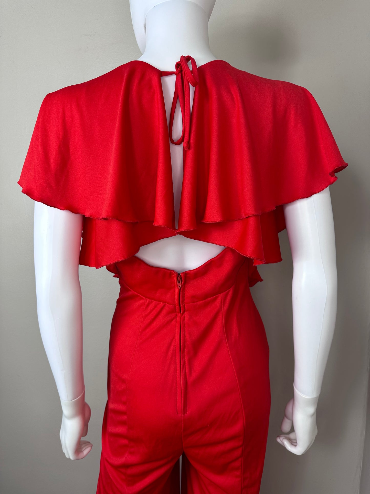 1970s Red Bellbottom Jumpsuit with Ruffles, Jack Hartley Size Small-Medium