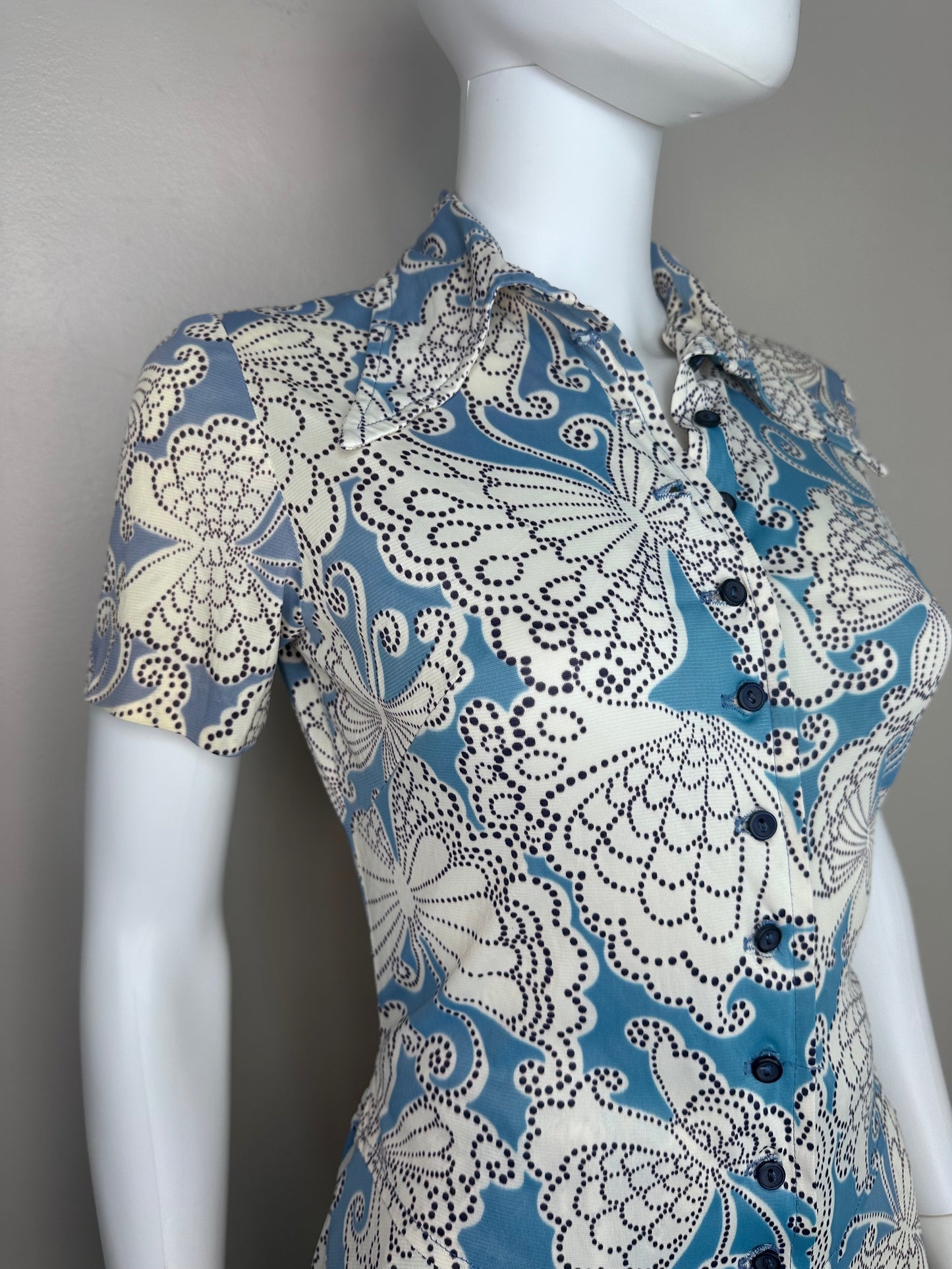 1970s Blue Butterfly Sizzler Set, Micro Mini Dress and Hot Pants Shorts, Teena Paige Fashions Size Small