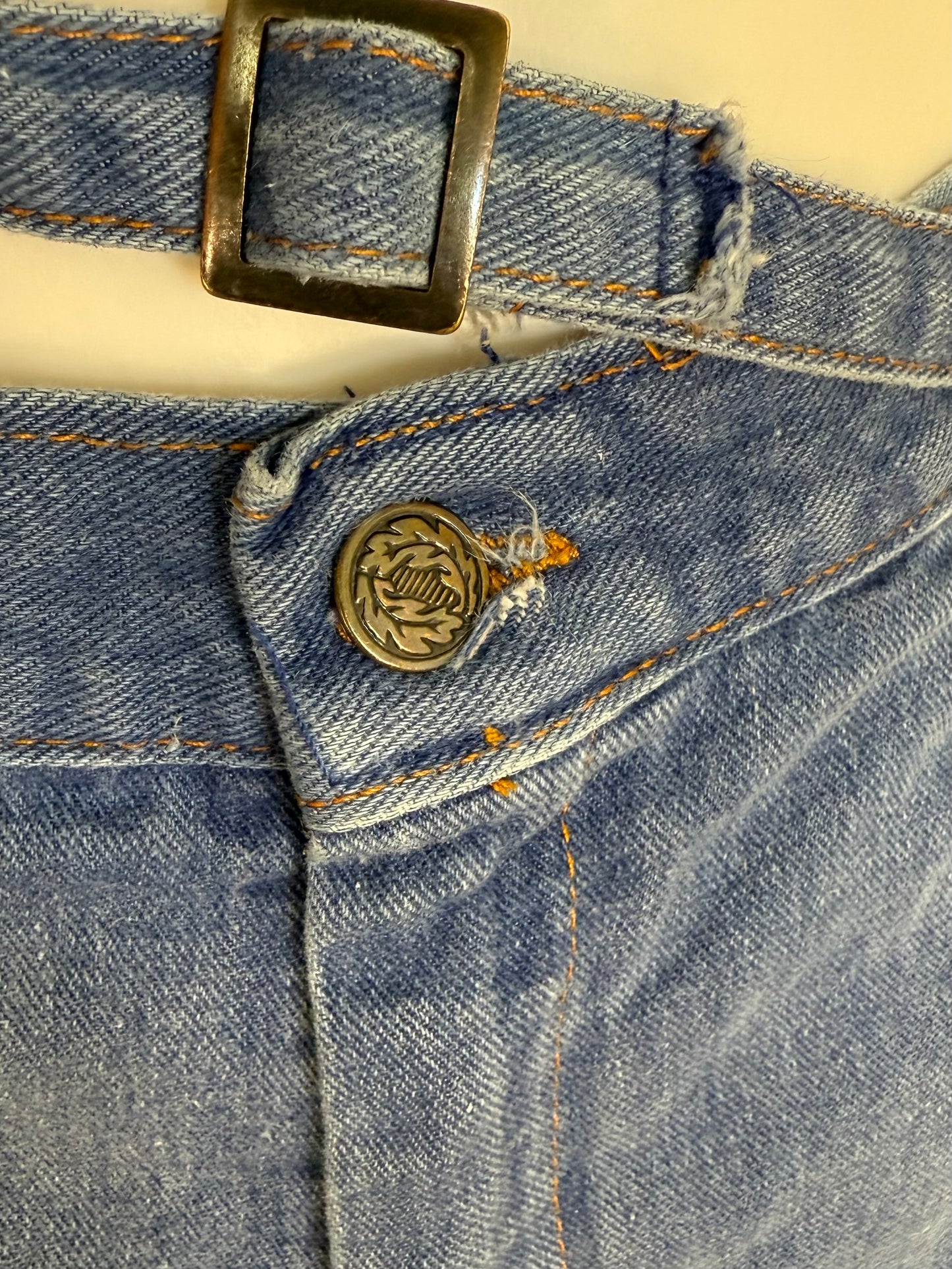 1970s Blue Jeans with Buckle Waist Band, K-Mart, 29"x31.5", High Rise Boot Cut