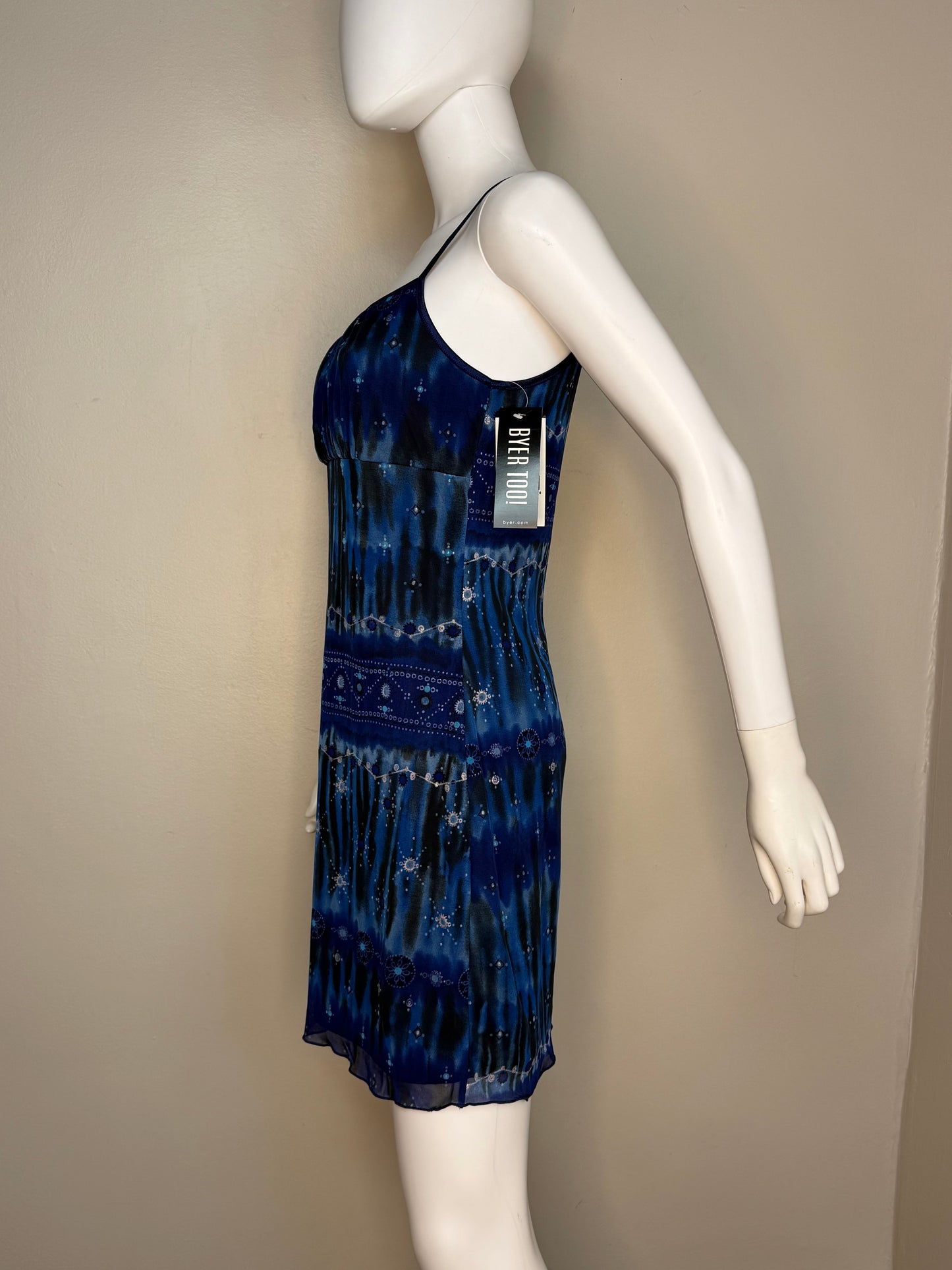 1990s/Y2K Blue Knit Mesh Sleeveless Mini Dress, Byer Too Size Small/Medium, Glitter Accents