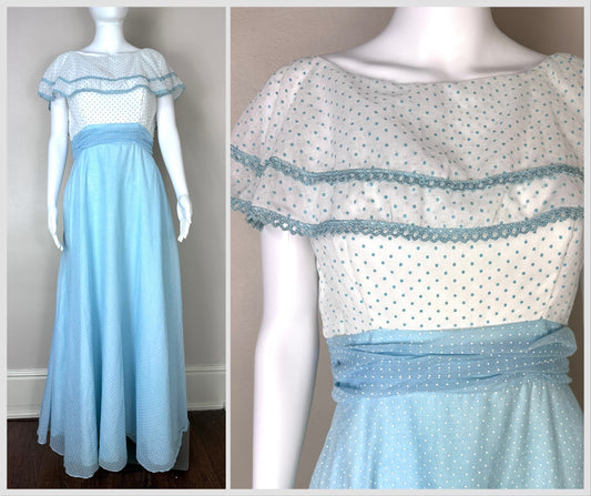 1970s Blue and White Swiss Dot Maxi Dress, Size Medium, Pastel Polka Dot, Southern Belle