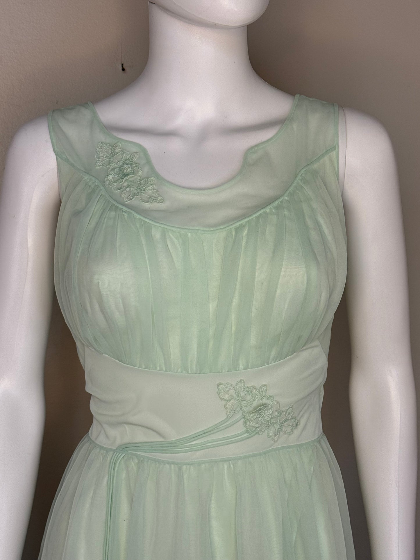 1950s Sheer Pastel Green Nightgown with Floral Appliqués, Shadowline Size XS-Small, Mint, Nylon