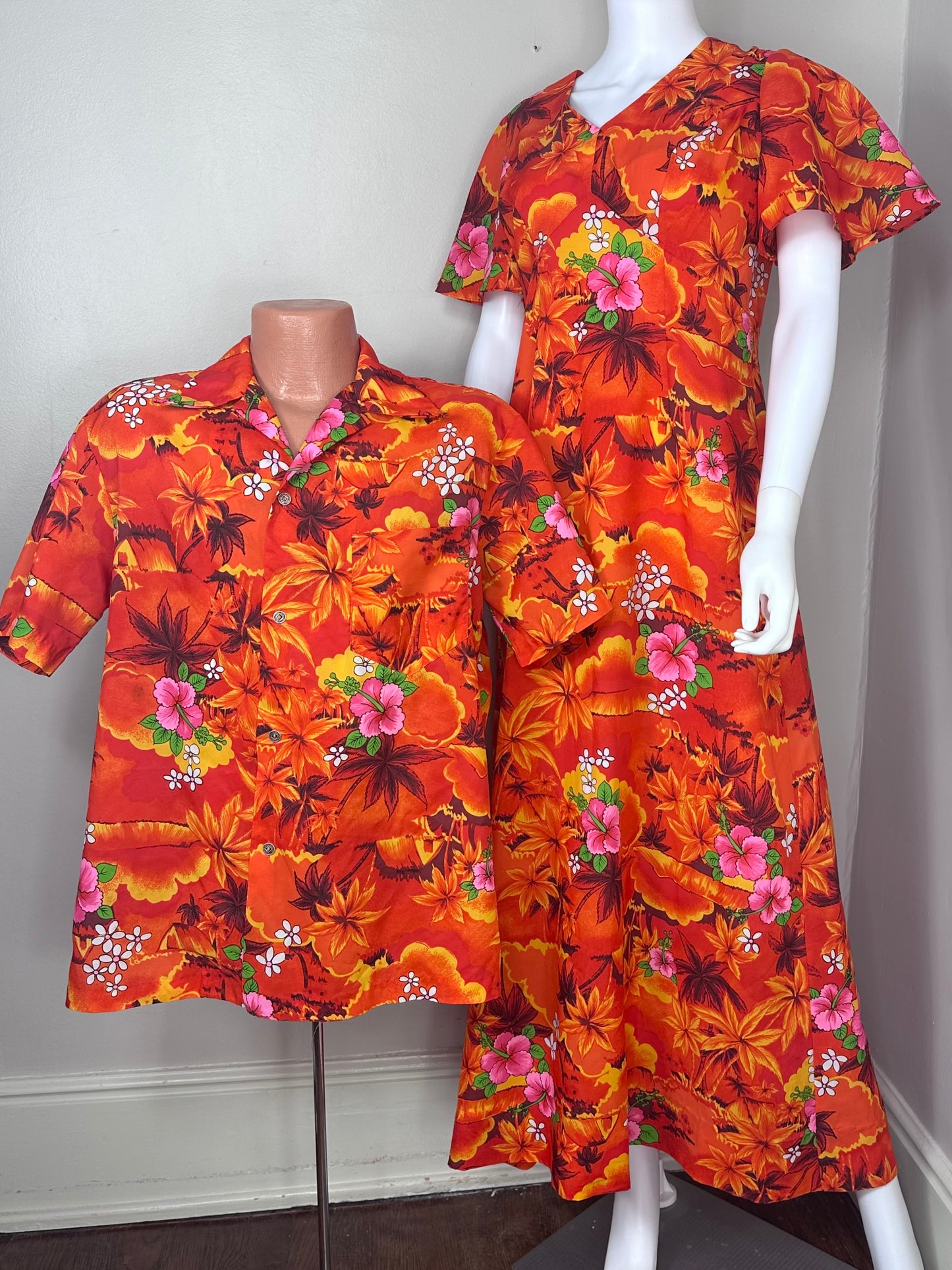 1970s Orange Tropical Floral Maxi Dress, Royal Hawaiian Size M/L