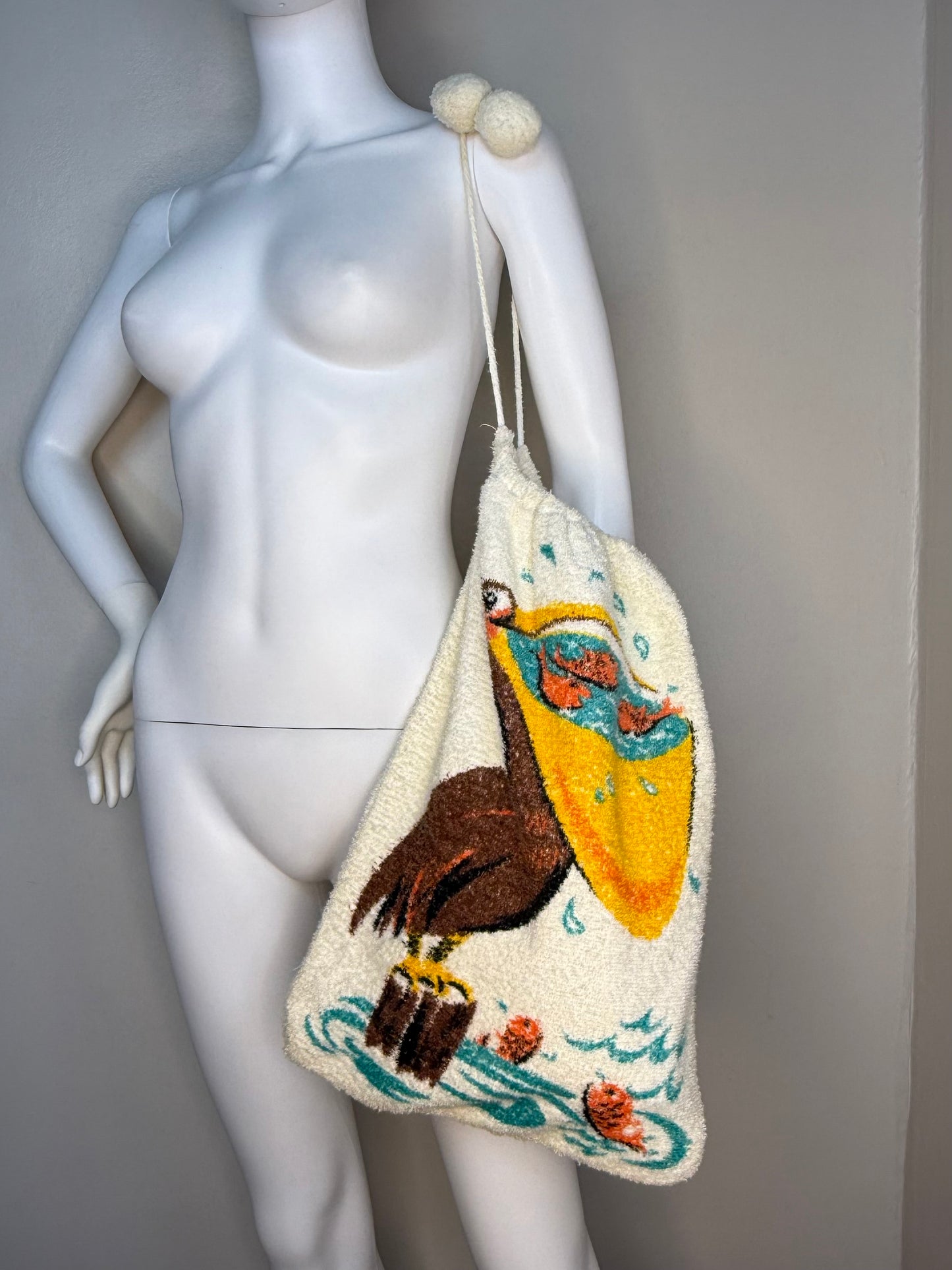 1960s Pelican Terrycloth Beach Bag, Cute Novelty Souvenir, Pool Tote