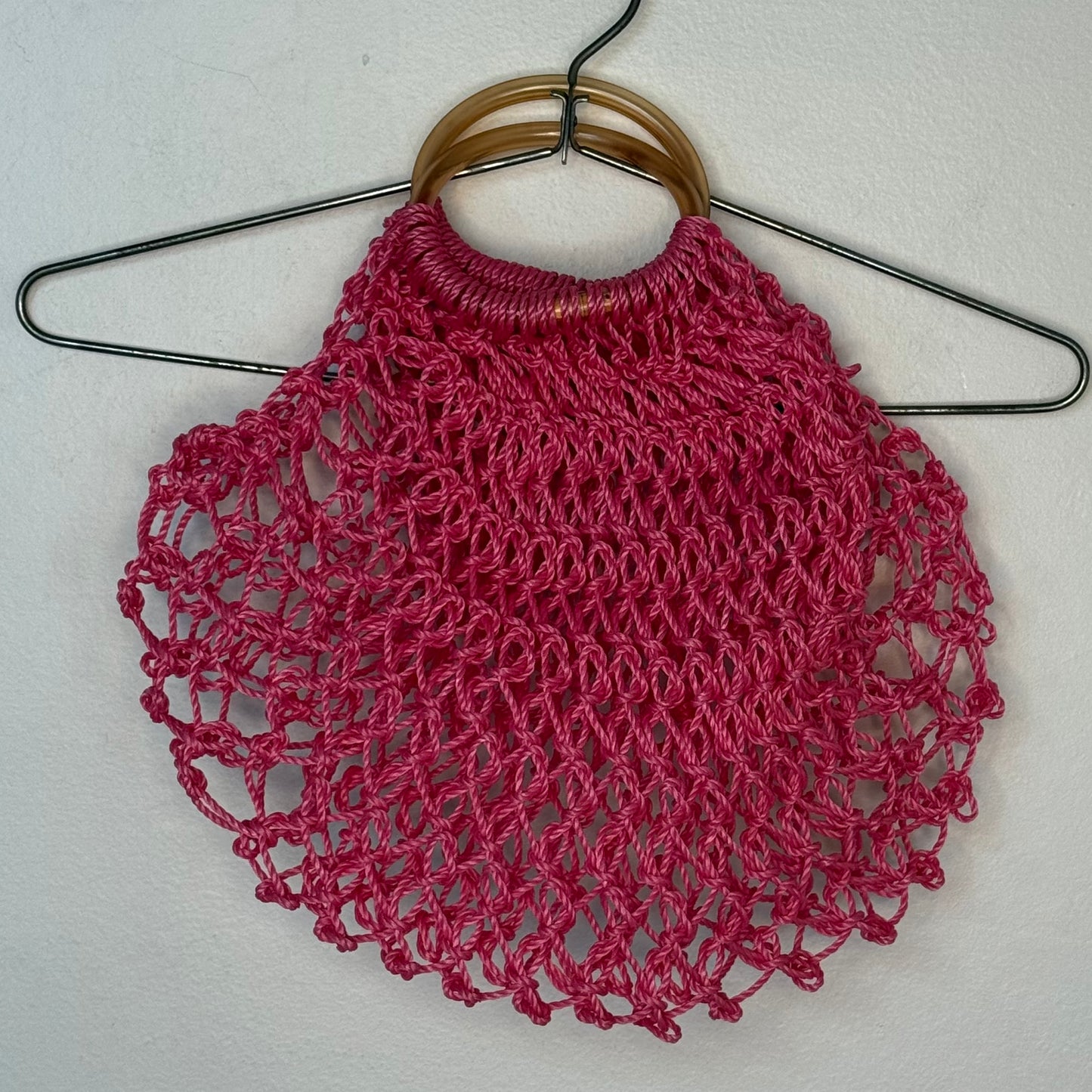 1970s Pink Plastic Crochet Hand Bag, Round Plastic Handles