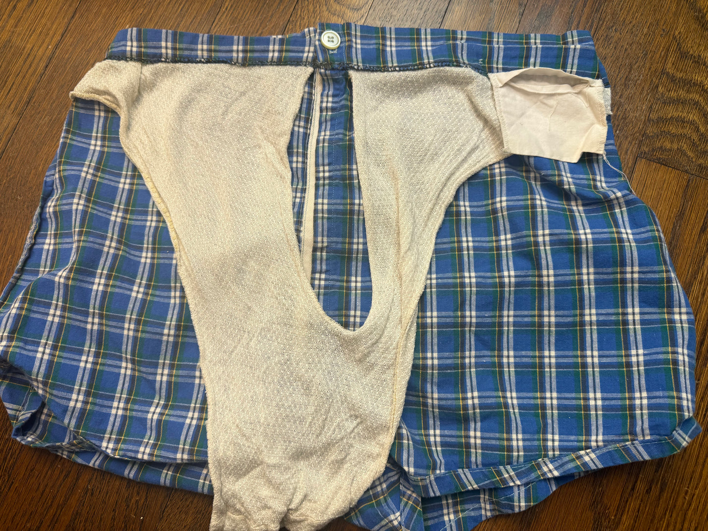1950s/60s Men’s Blue Plaid Swim Trunks, Cotton Swimsuit Shorts, Size Medium