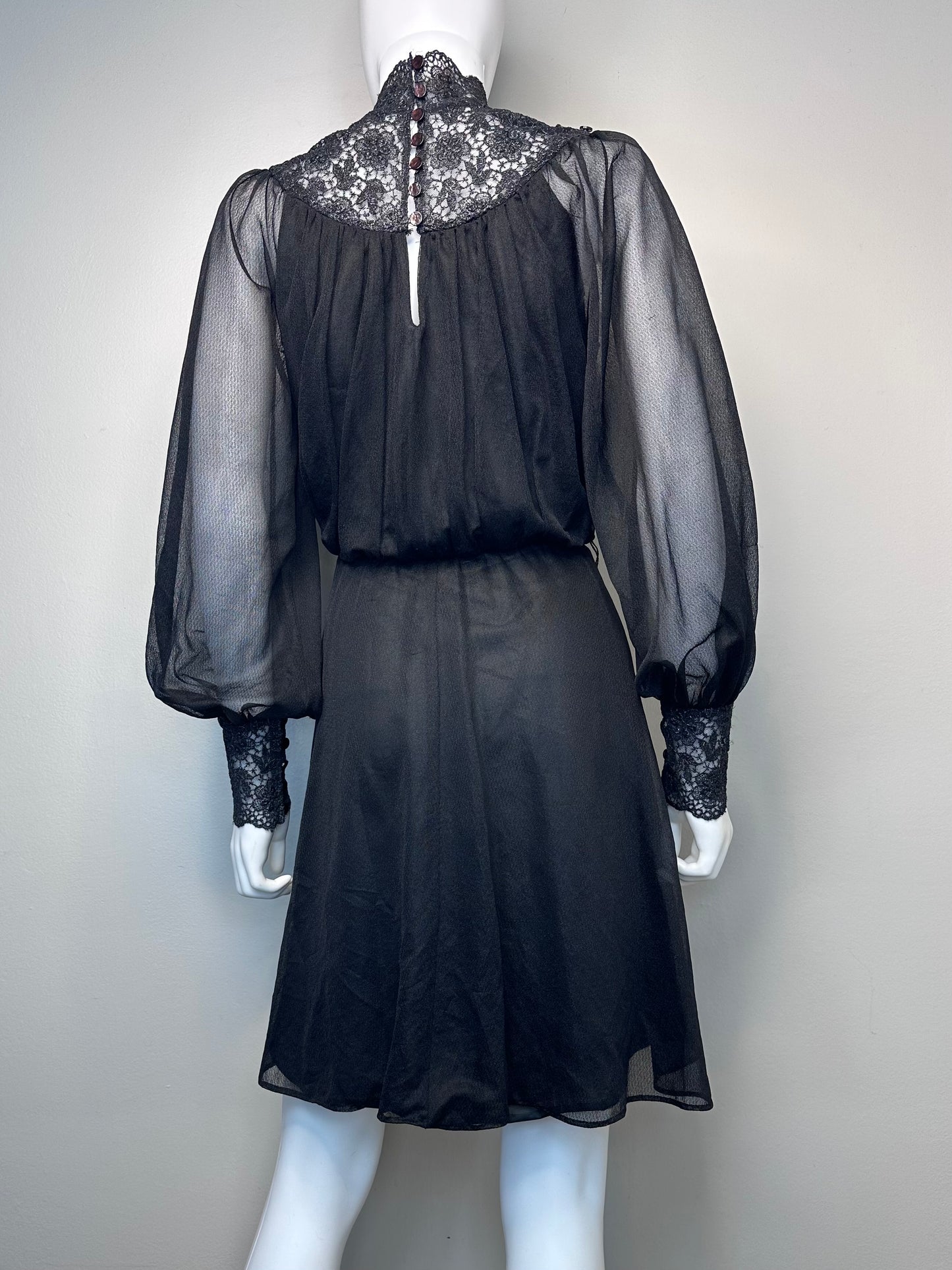 1970s/80s Sheer Black Victorian Inspired Dress, Size Small, High Neck, Balloon Sleeves, Lace, Whimsy Goth