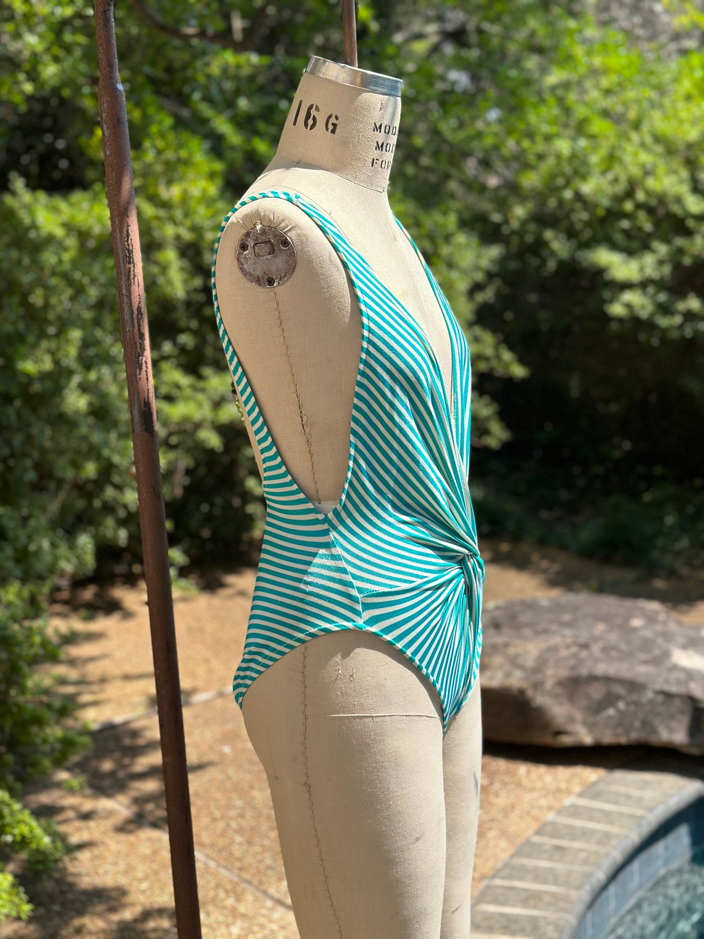 1980s Teal and White Stripe Twist Front One Piece Swimsuit, Petticord Size XS-Small