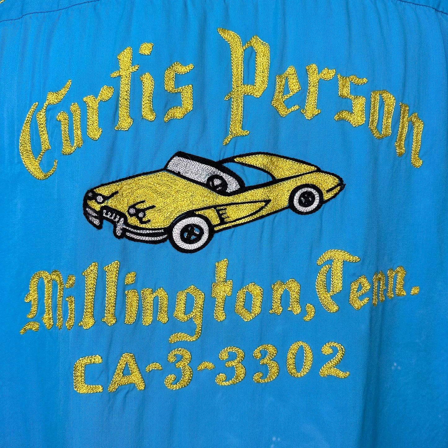 1950s Bowling Shirt, Hilton Size L/XL, Chain Stitch Embroidery, 50s Corvette, Curtis Person Millington