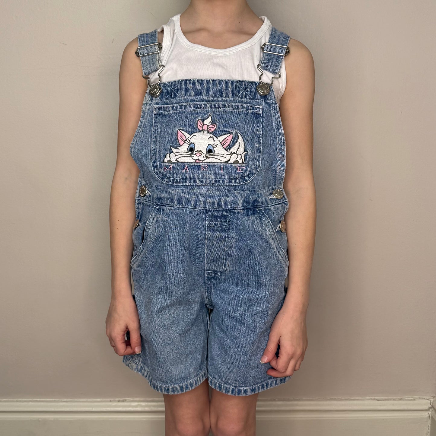 1990s Aristocats Marie Embroidered Denim Shortalls, The Disney Catalog Size 4T, Blue Jean Overalls