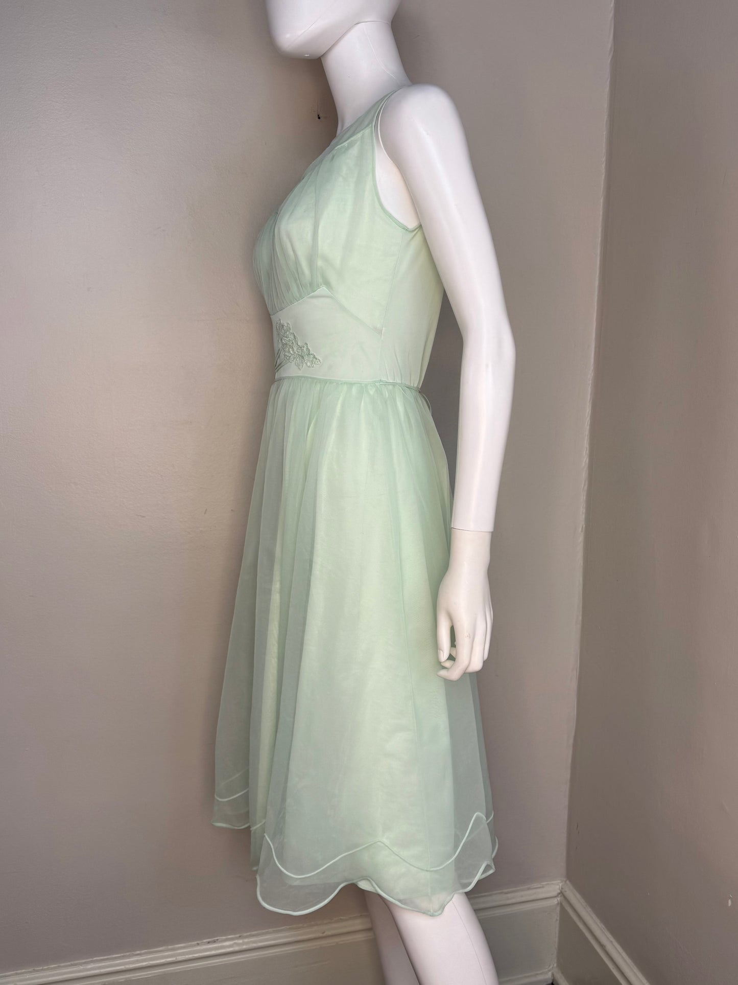 1950s Sheer Pastel Green Nightgown with Floral Appliqués, Shadowline Size XS-Small, Mint, Nylon