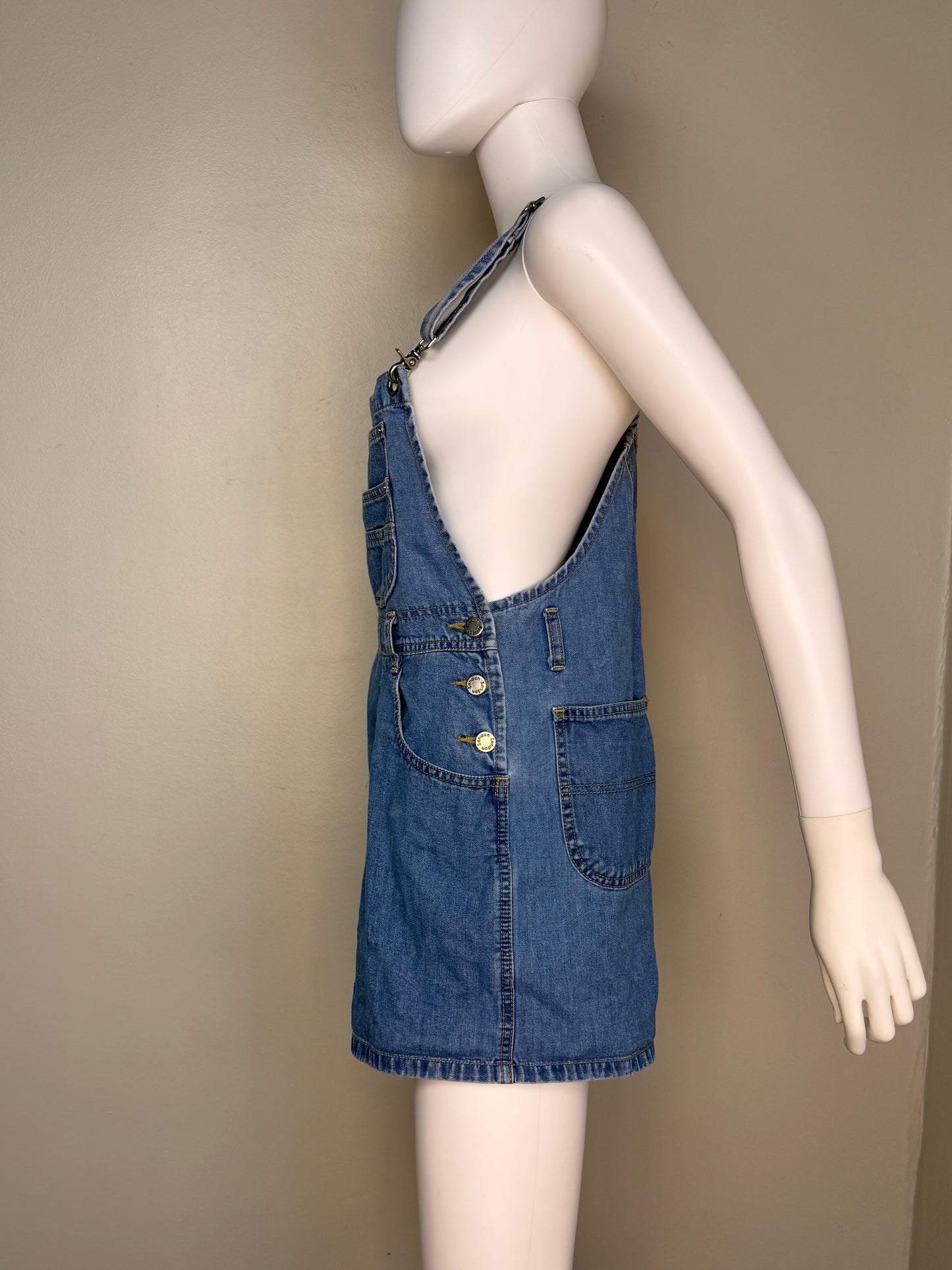 1990s Denim Shortalls with Clip Straps, London London Overalls Size Medium, Blue Jean