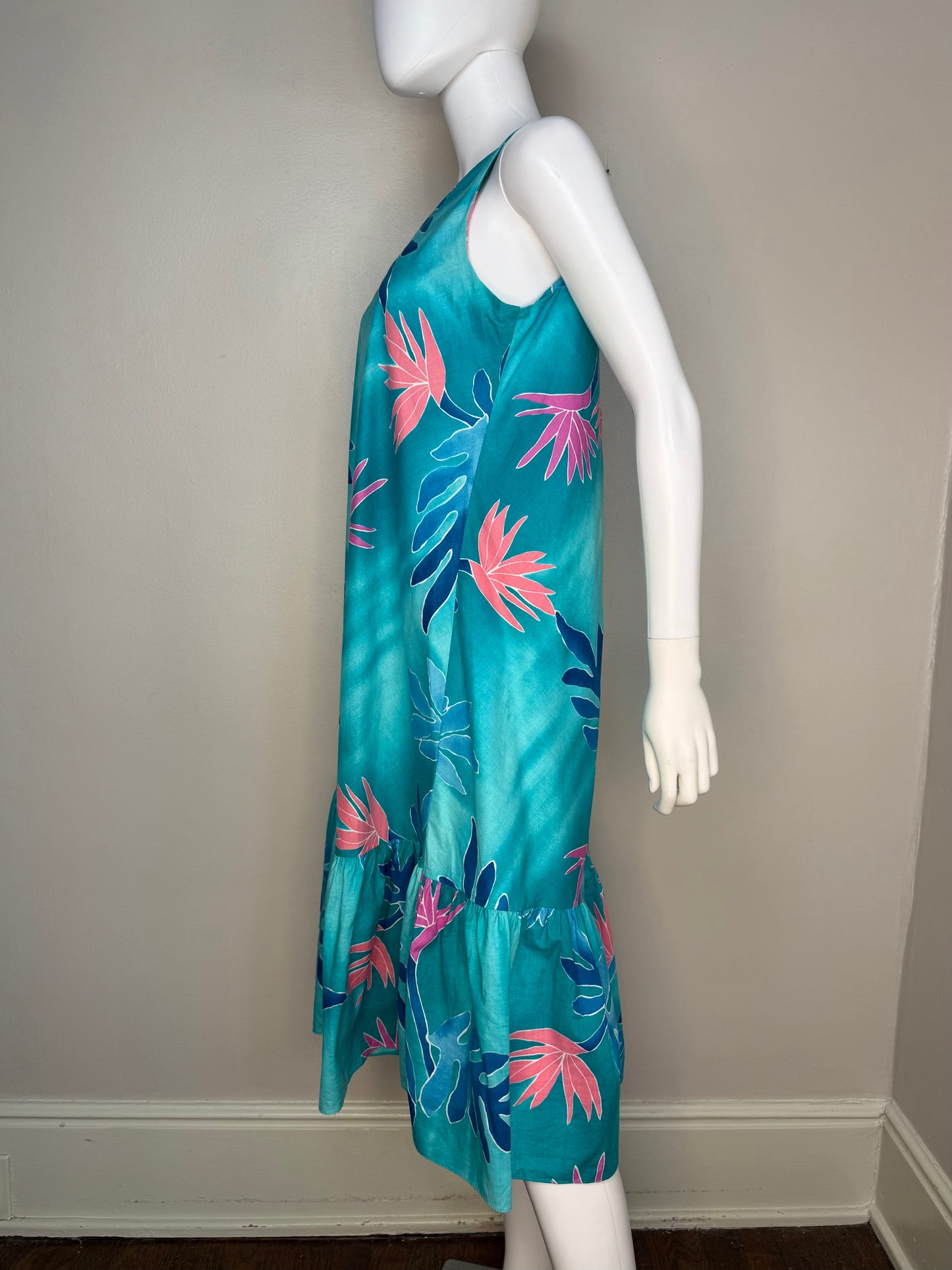 1990s Hawaiian Teal Floral Midi Tent Dress, Hilo Hattie Hawaii Size Medium, Sleeveless Sundress
