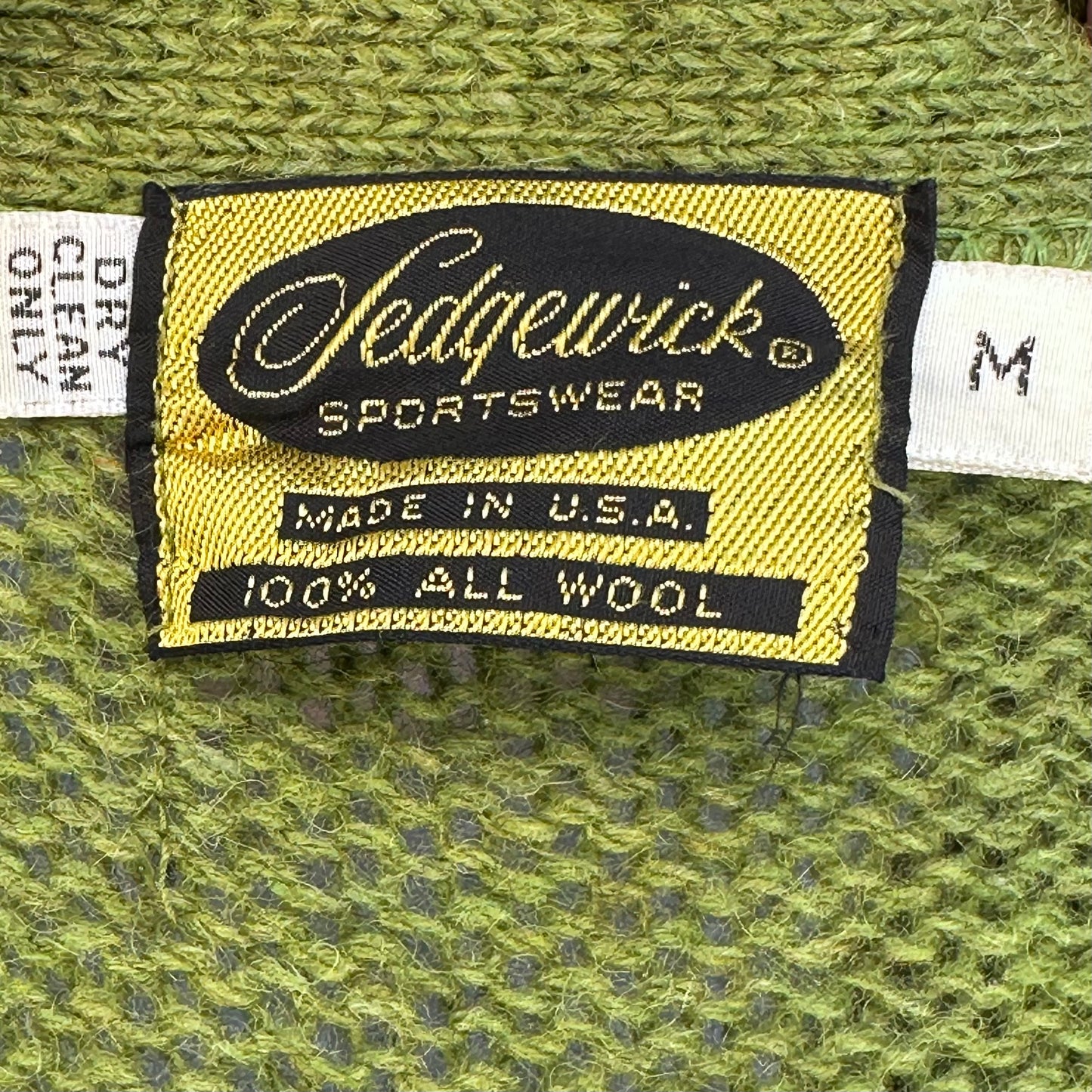 1960s Green Wool and Leather Cardigan Sweater, Sedgewick Sportswear Size Medium
