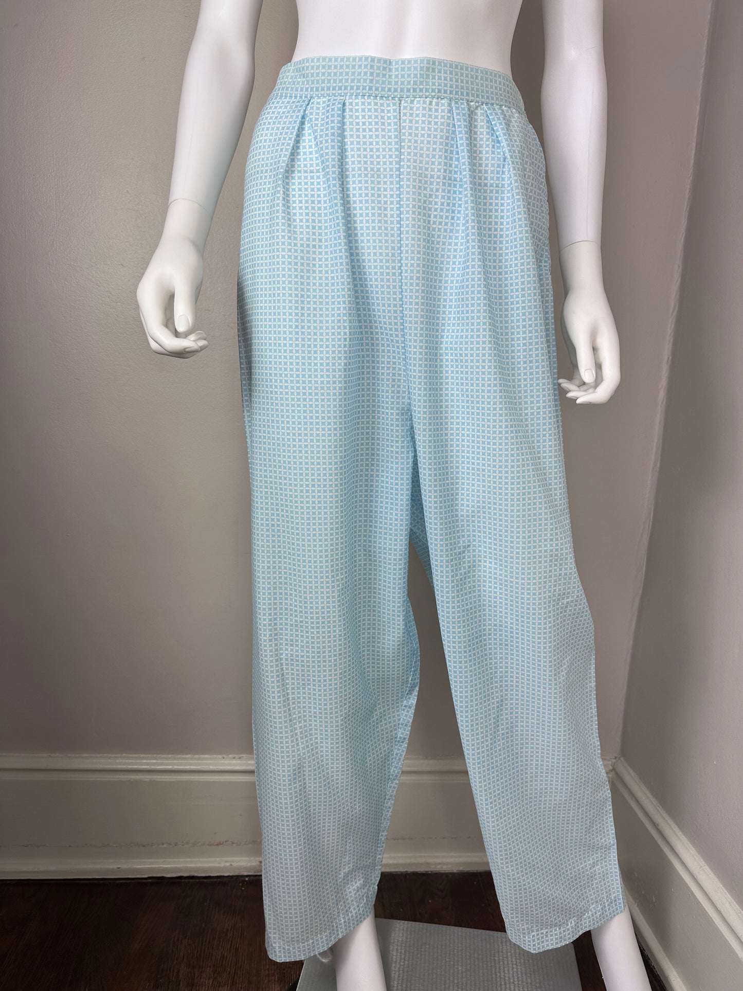 1960s Barbizon Little Mamie Pajamas, Size M/L, Blue Check with Floral Trim, Blendaire Batiste