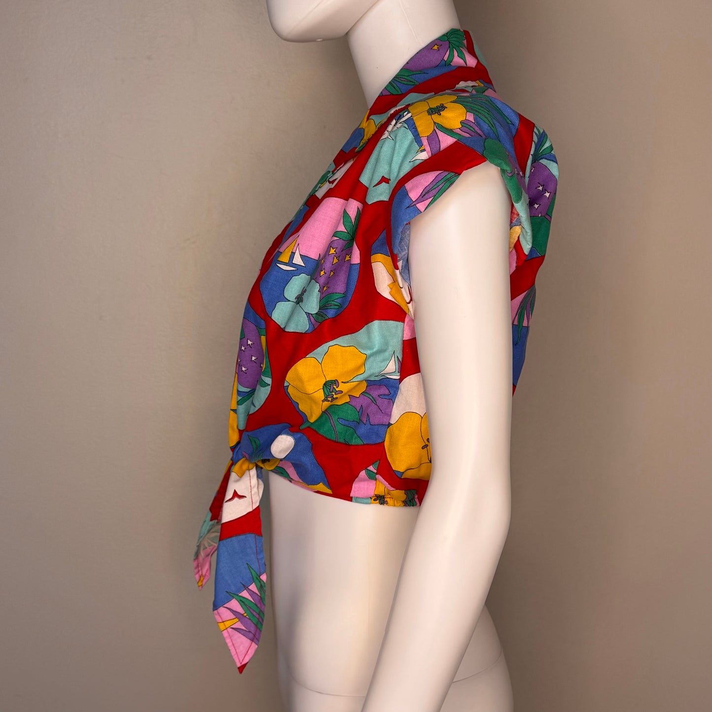 1980s Cropped Tie Front Blouse, Size S/M, Tropical Print Top