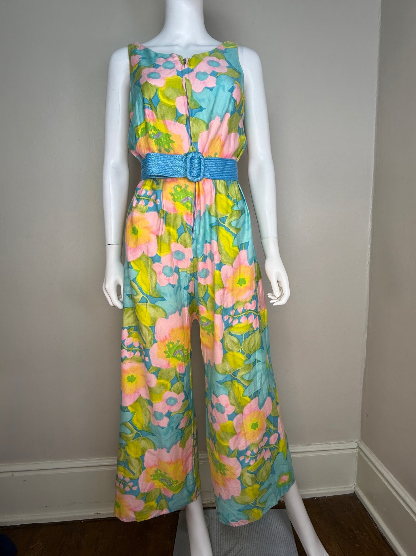 1960s Floral Cotton Sleeveless Jumpsuit, Front Zip, Wide Flare Leg, Size Small