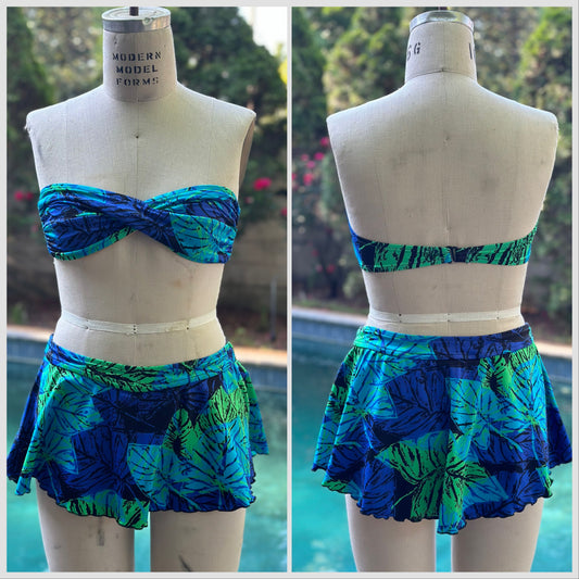 1980s Blue Tropical Leaf Bikini, Catalina Size Small, Two Piece, Bandeau Top, Skirted Bottom