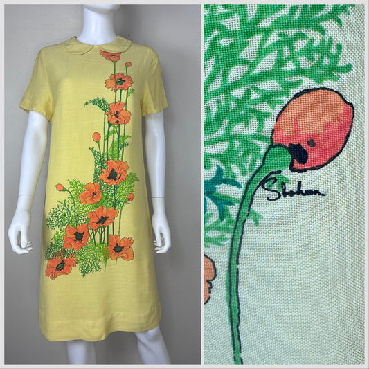 1970s Alfred Shaheen Yellow Floral Dress, Size S/M, Hand Printed in Hawaii, Handmade