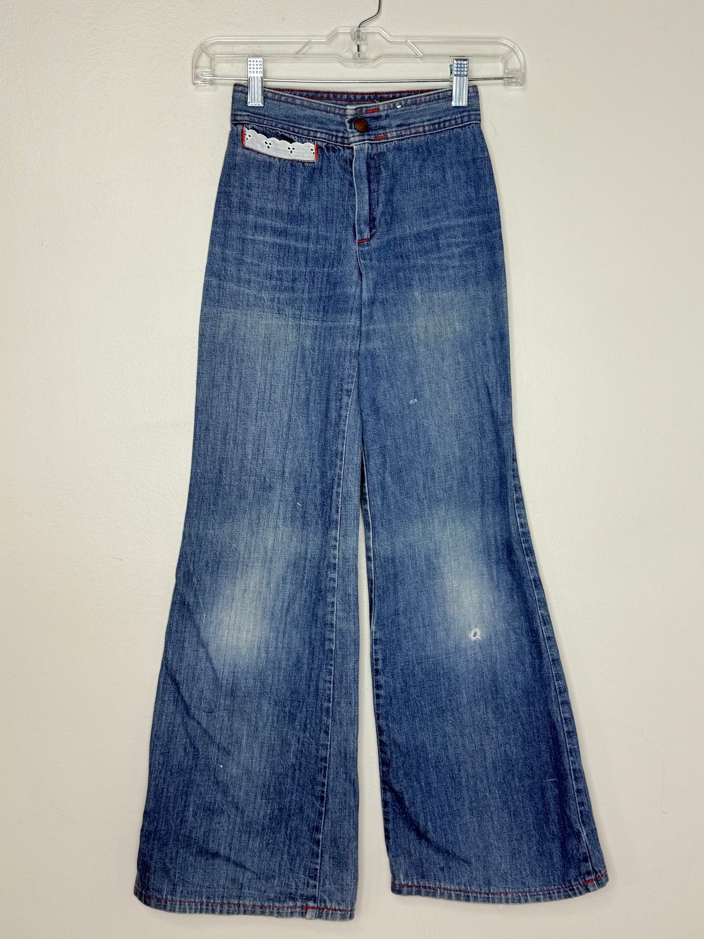 1970s Kids Bellbottom Blue Jeans with Ribbon and Lace Pockets, Luv It Size 8 Slim