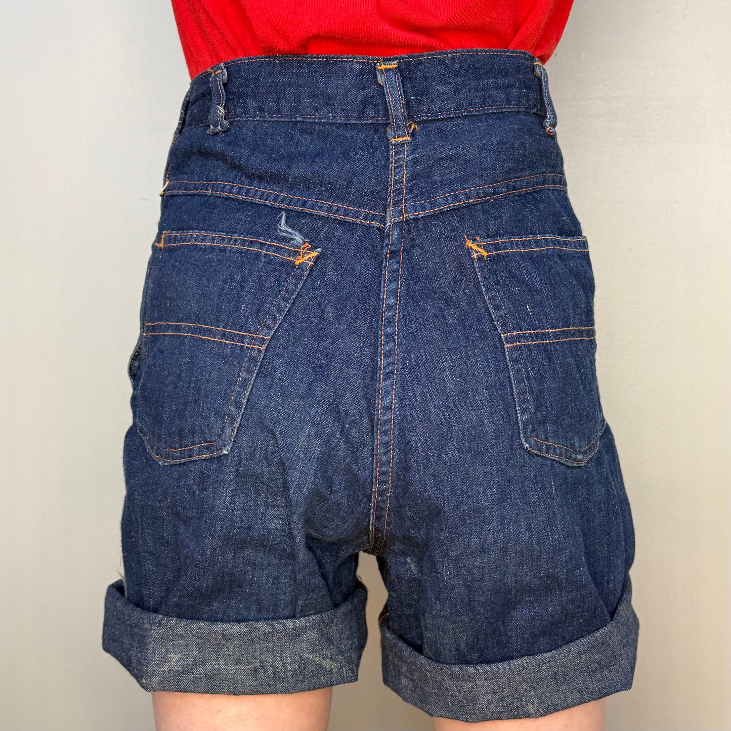 1950s Side Zip Blue Jean Cut Off Shorts, Over the Top Dungarees, Kids 9/10, Adult XXS