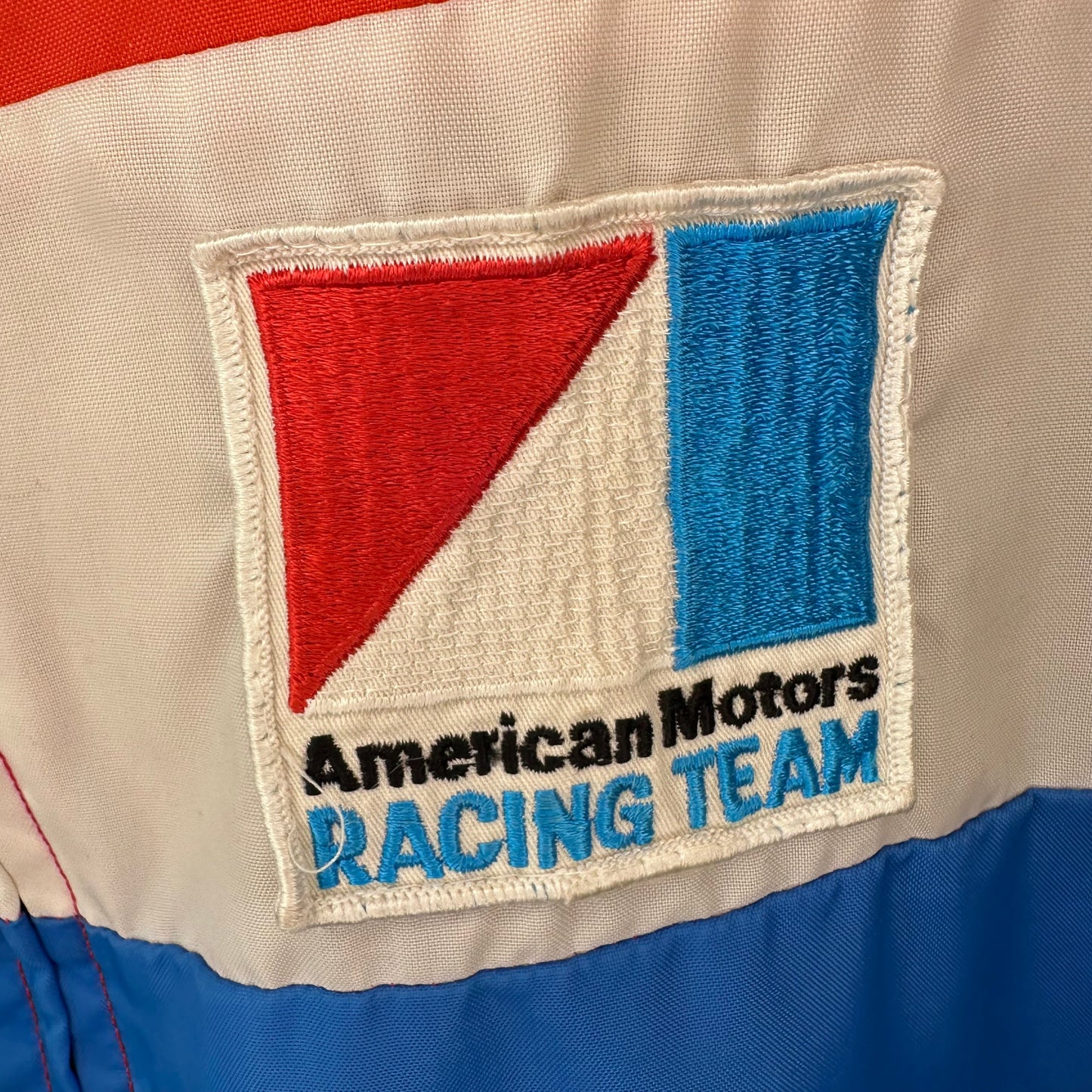 1970s American Motors Racing Team Jacket, Size L/XL, Red White and Blue Colorblock Nylon Windbreaker