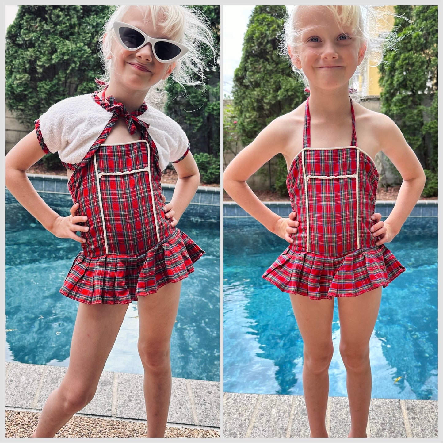 1960s Girls Red Tartan Swimsuit with White Terrycloth Bolero, Sears