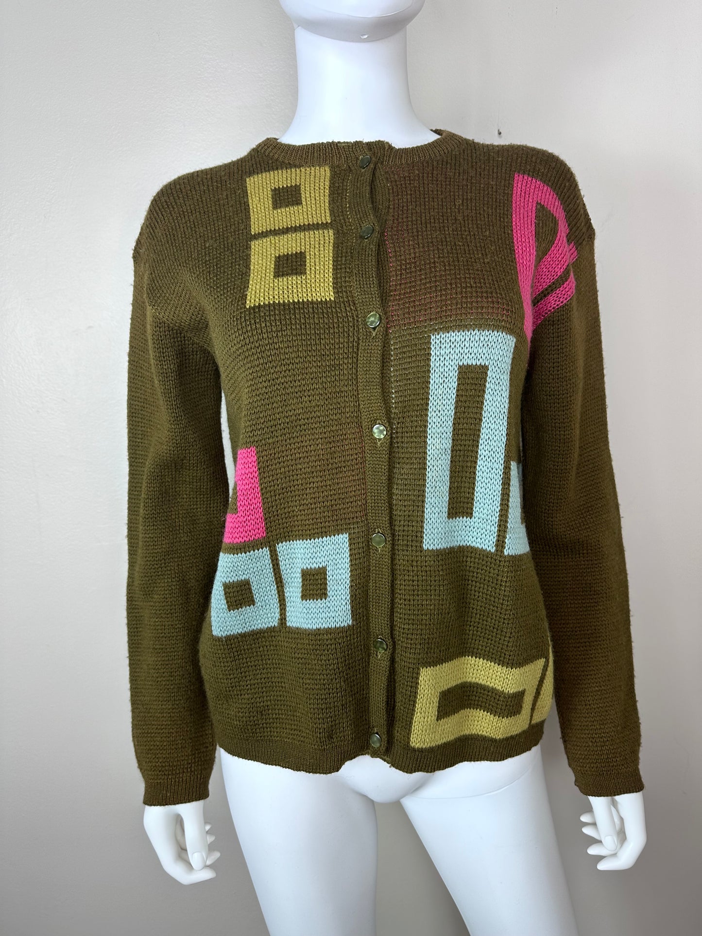 1960s/70s Green Mod Geometric Intarsia Cardigan Size Large