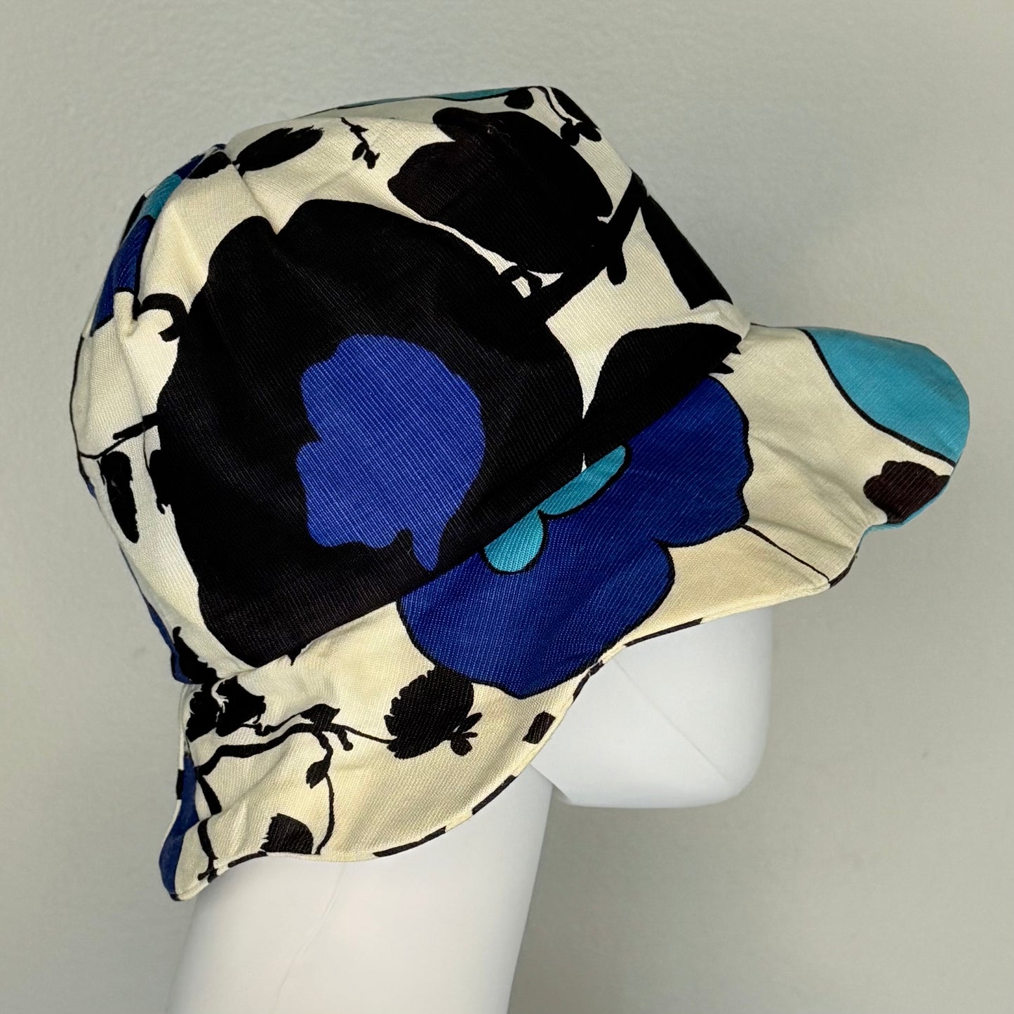 1960s Blue Floral Print Sun Hat with Scalloped Brim