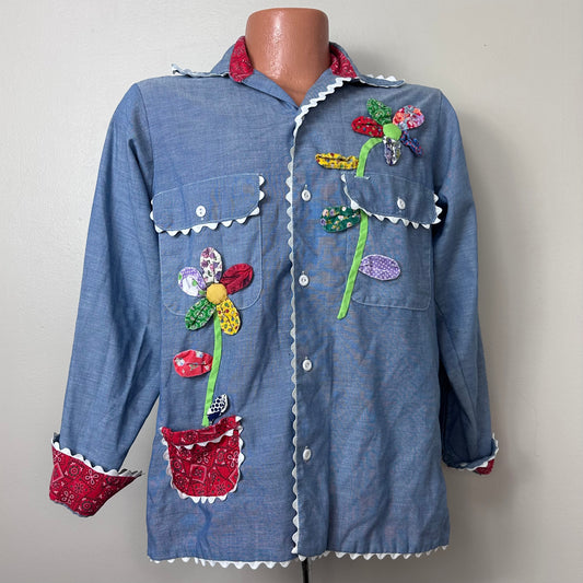 1970s Chambray Shirt with Appliqué and Lace Trim, Size LargeBandana Trim, Flowers and Butterflies