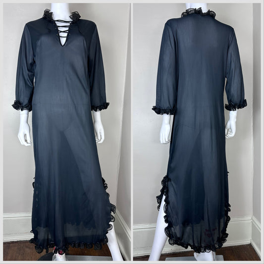 1960s/70s Sheer Black Nightgown, Size Medium, Lace Up Plunging Neckline