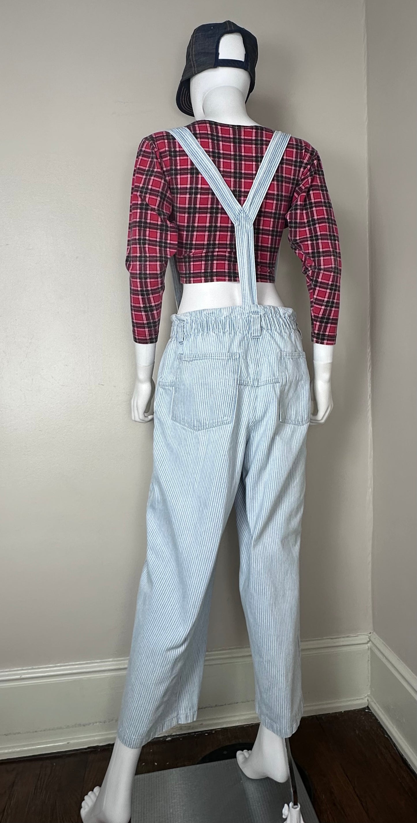 1980s Hickory Stripe Denim Suspender Jeans, Local Heroes Size Medium/Large, 31"x25"