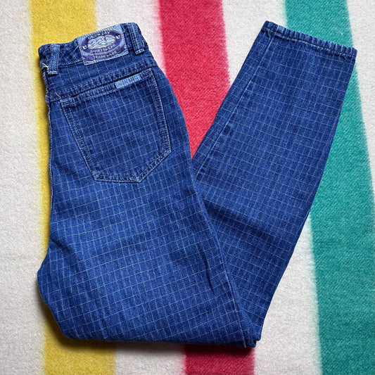 1980s Grid Print Blue Jeans, Union Bay Size XXS, 24"x27", Mid Rise, Tapered Leg