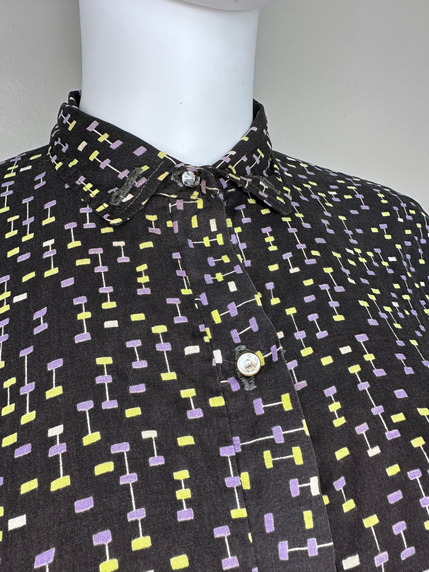 1950s Black Atomic Print Blouse, Size Medium
