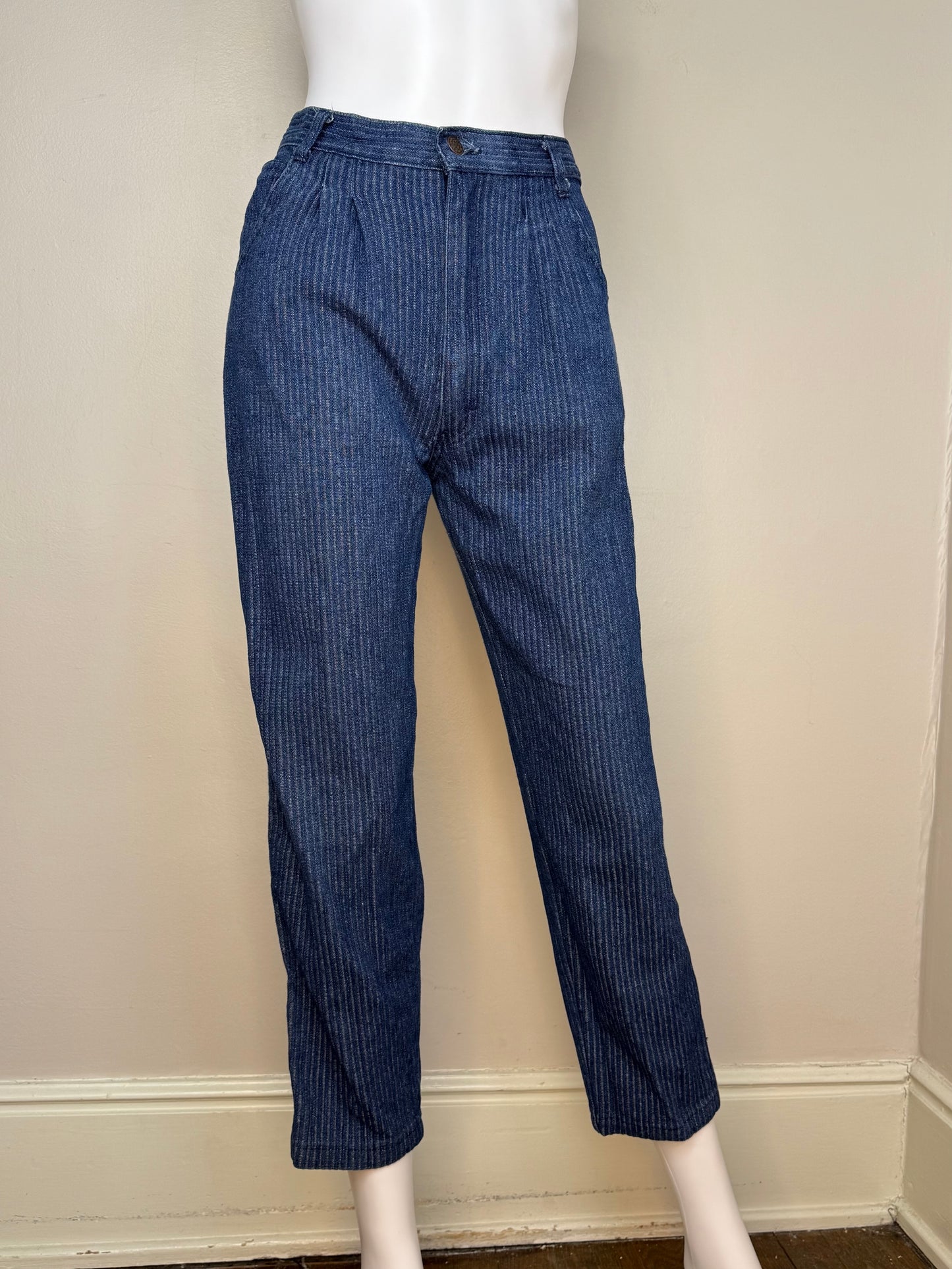 1970s Ribbed Dark Denim Pleated Blue Jeans, Sears Jr Bazaar, 25"x27", High Rise Tapered Leg