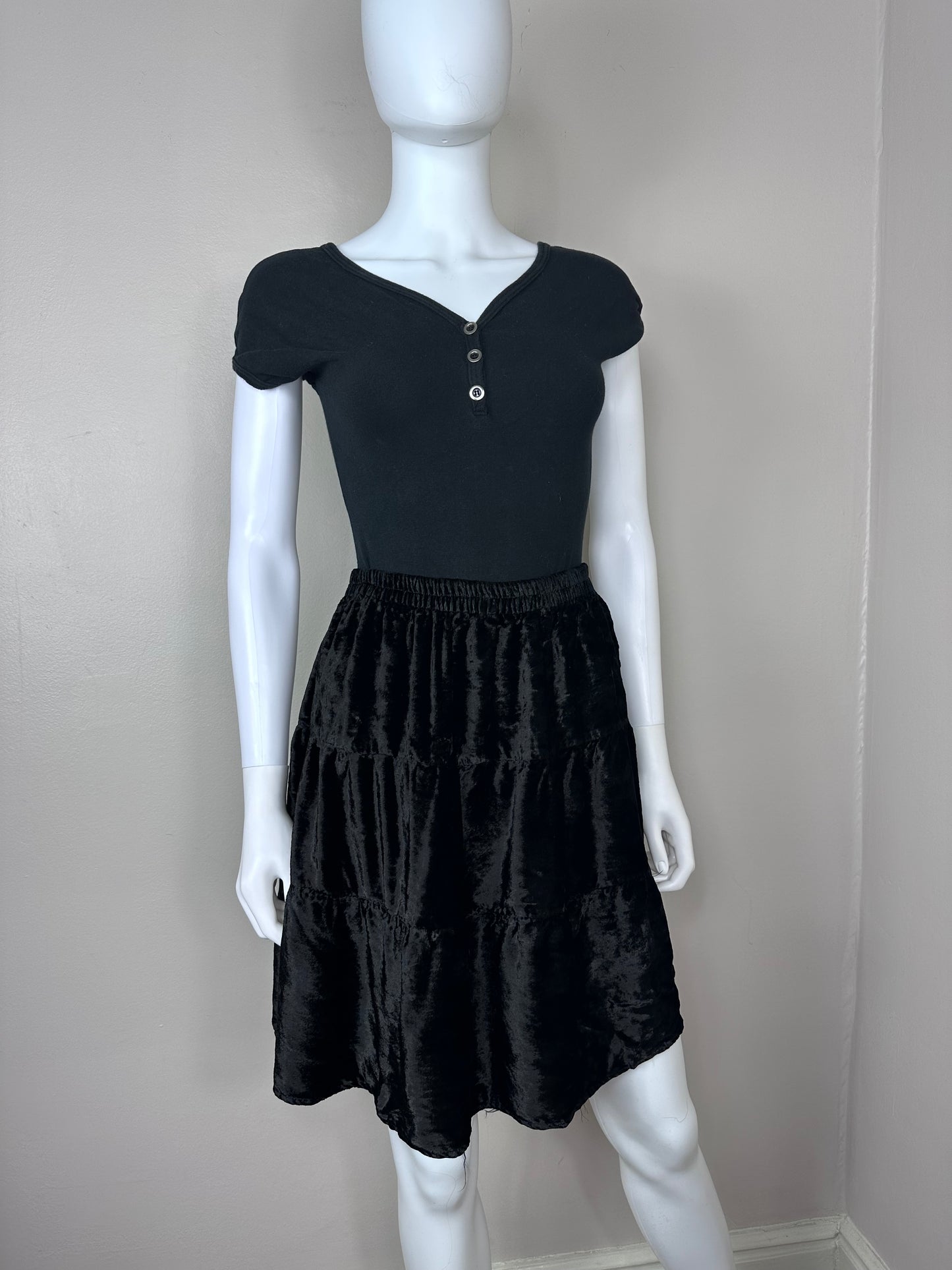 1990s Black Velvet Tiered Skirt, Nouveau Faces size XS-Medium