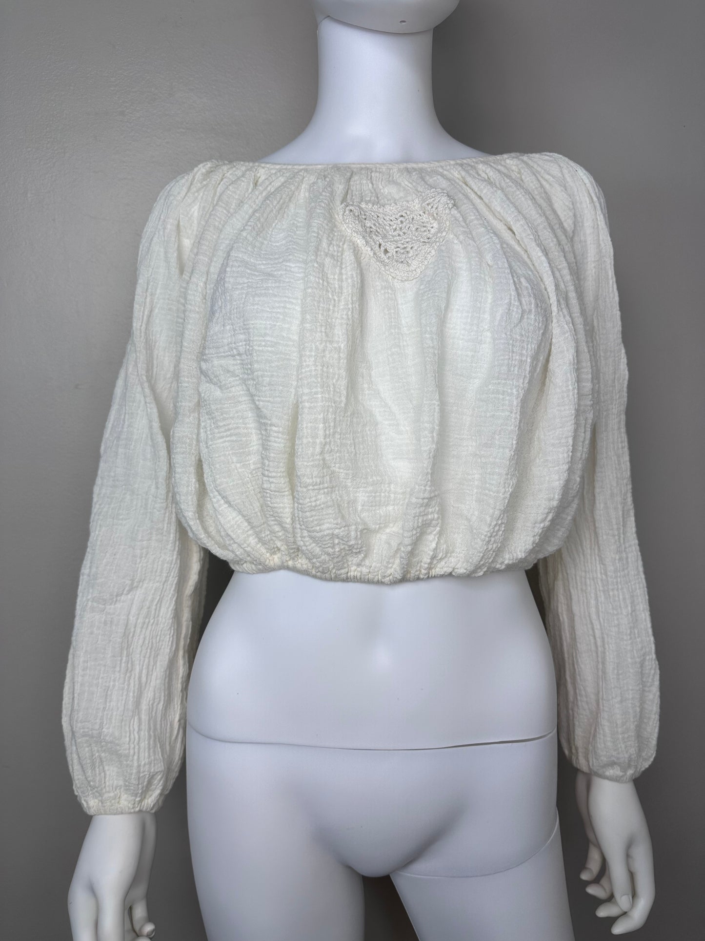 1970s/80s Cream Gauze Crop Top and Balloon Pants Set, Crochet, Size Small-Medium
