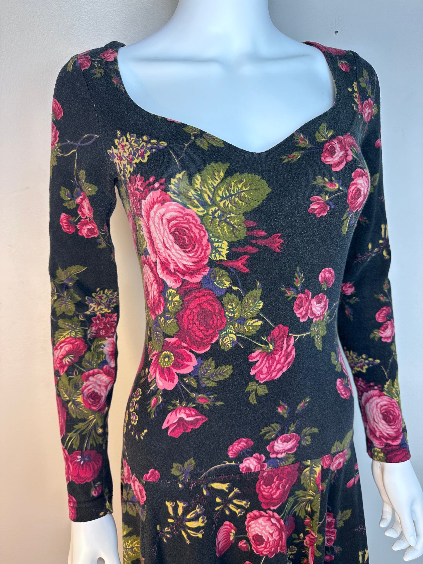 1990s Black Floral Knit Maxi Dress, Betsey Johnson Size Small, Sweetheart Neckline, Drop Waist