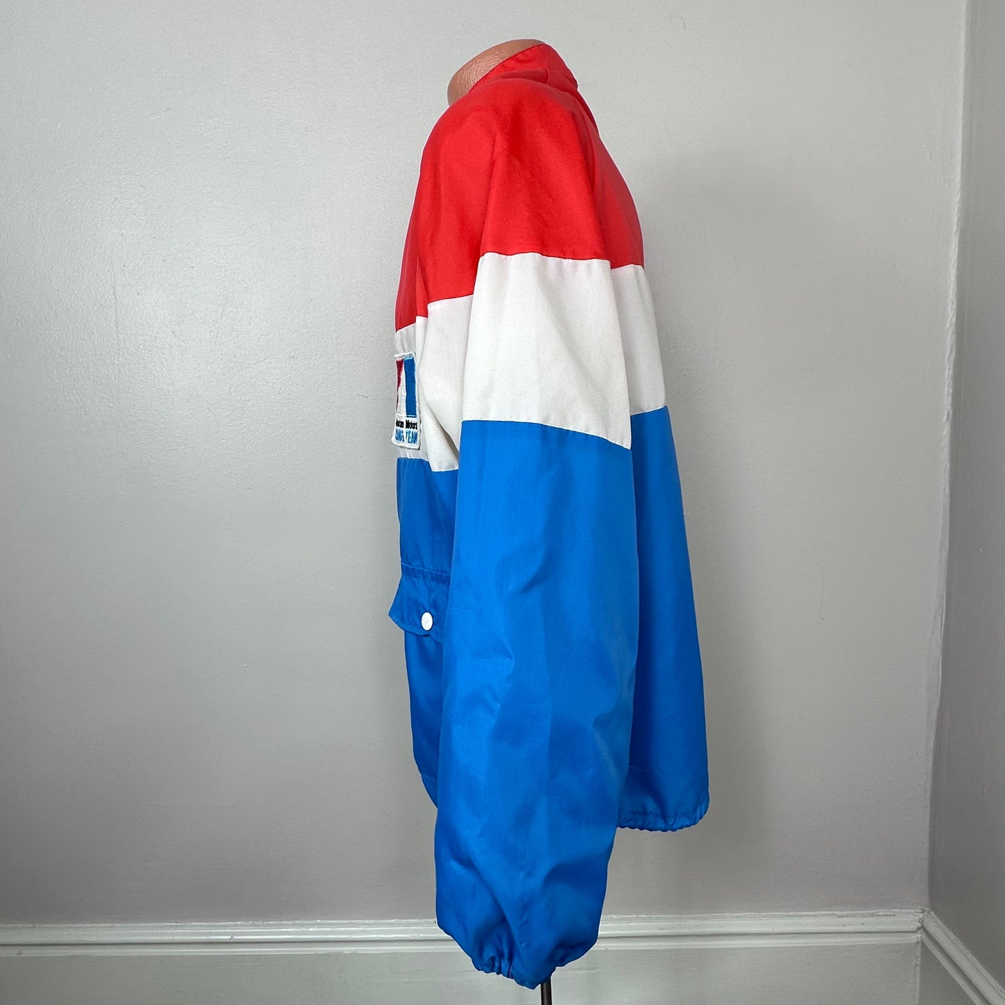 1970s American Motors Racing Team Jacket, Size L/XL, Red White and Blue Colorblock Nylon Windbreaker