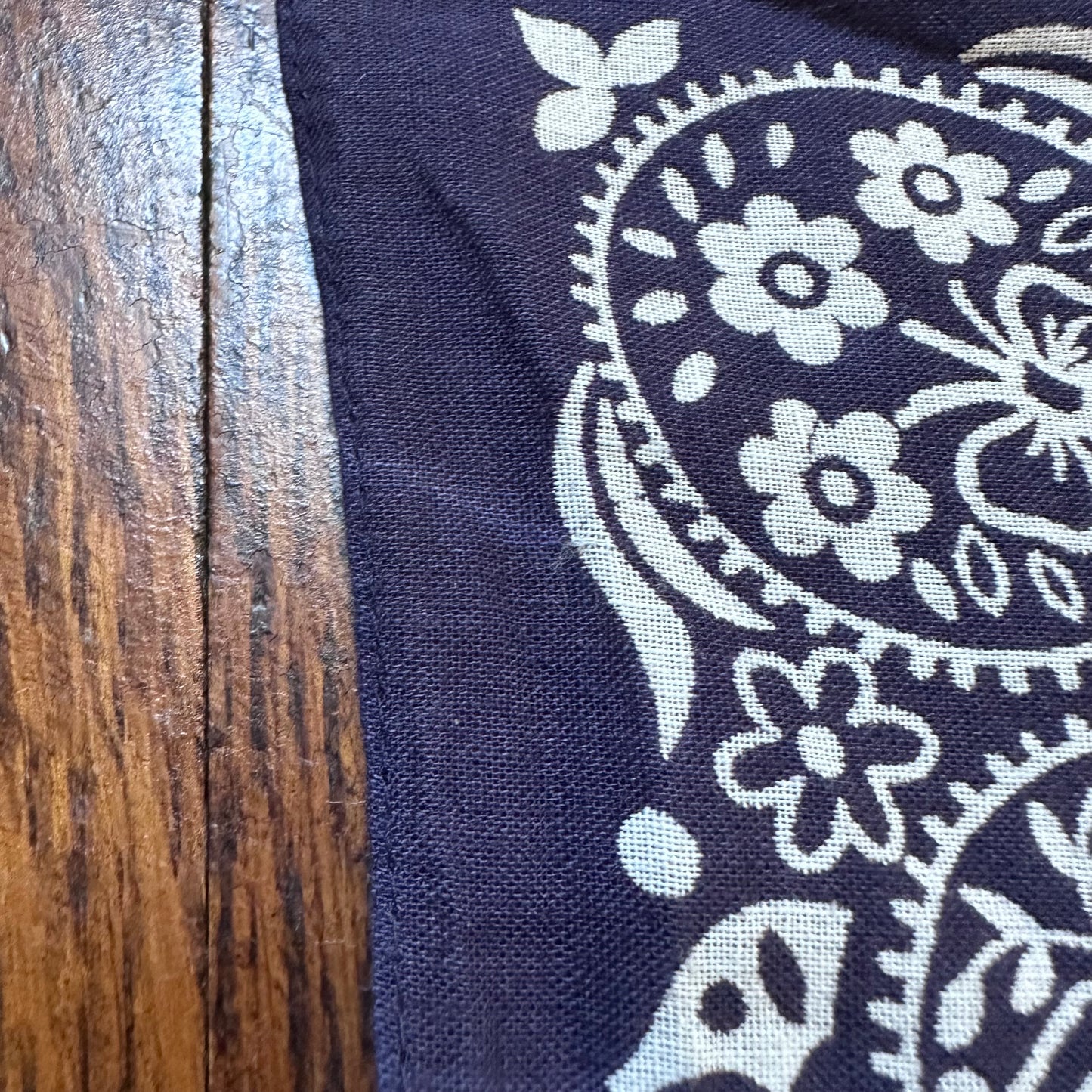 1950s/60s Indigo Bandana, RN 13960, 21.75" x 20.75", Blue Floral Butterflies Hearts Bows, Selvage Edge