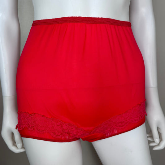 1950s Red Nylon High Waisted Panties with Knife Pleat Inserts, Movie Star Size 6, Mushroom Gusset